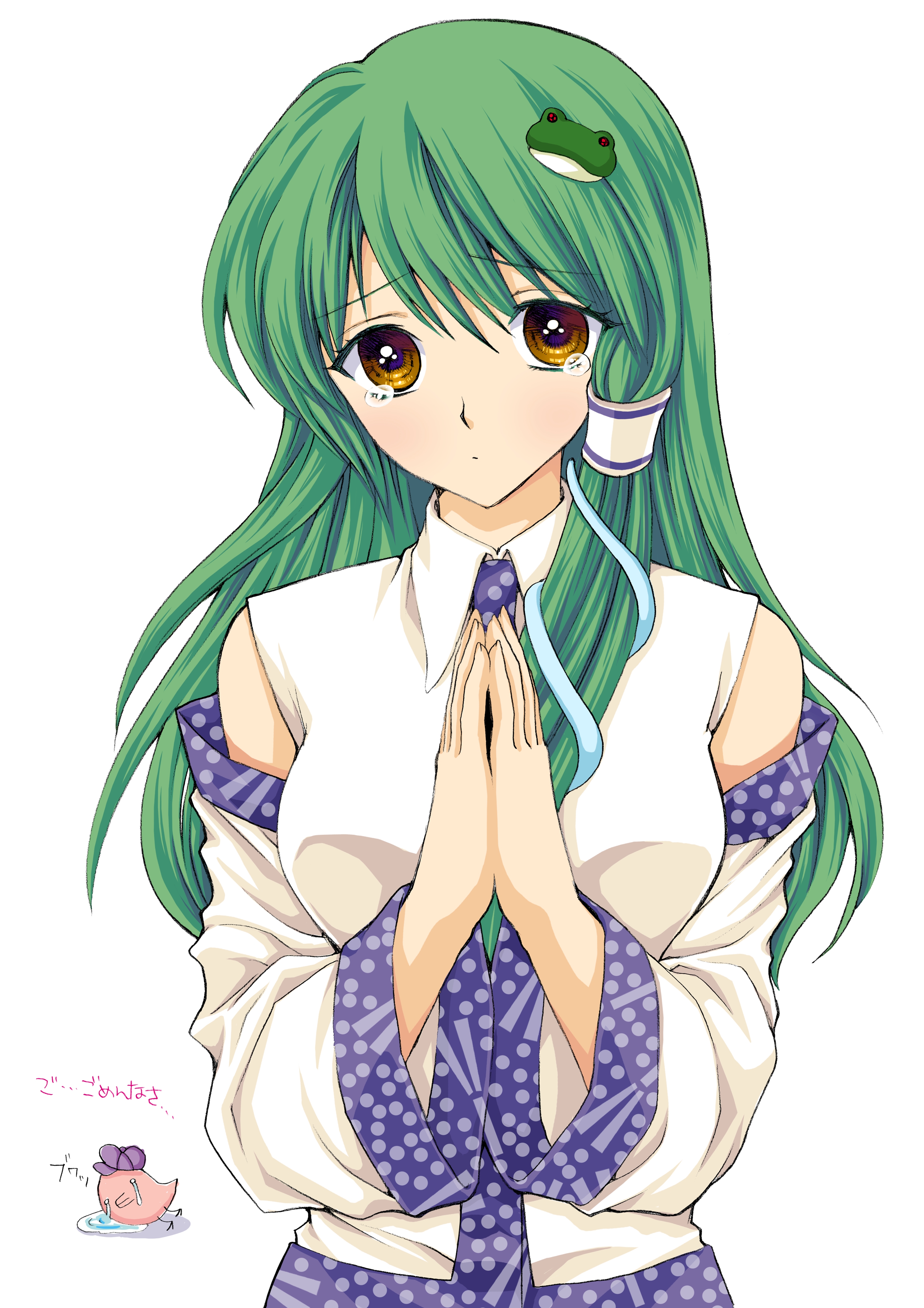 yukarigawa yumiya, kochiya sanae, touhou, absurdres, bad id, bad pixiv id, highres, 1girl, breasts, detached sleeves, female focus, frog, green hair, japanese clothes, long hair, miko, snake, solo, standing, tears