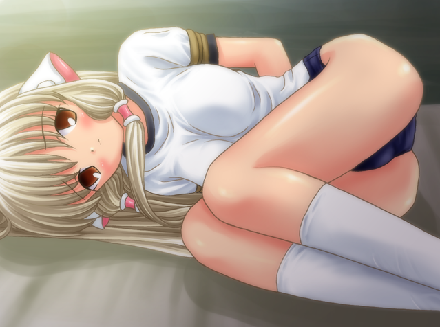 ryunnu, chii, chobits, non-web source, 00s, 1girl, blonde hair, blush, bound, brown eyes, buruma, female focus, gym uniform, solo, tied up (nonsexual)