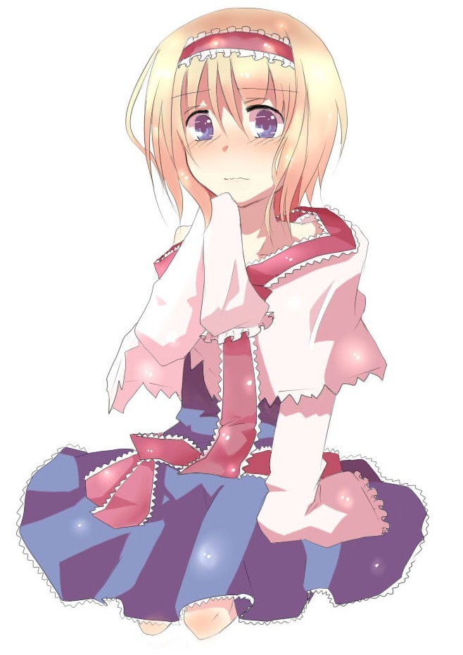 dorago (doraemon4), alice margatroid, touhou, bad id, bad pixiv id, 1girl, blonde hair, blue eyes, blush, female focus, full body, hairband, kneeling, short hair, simple background, solo, white background