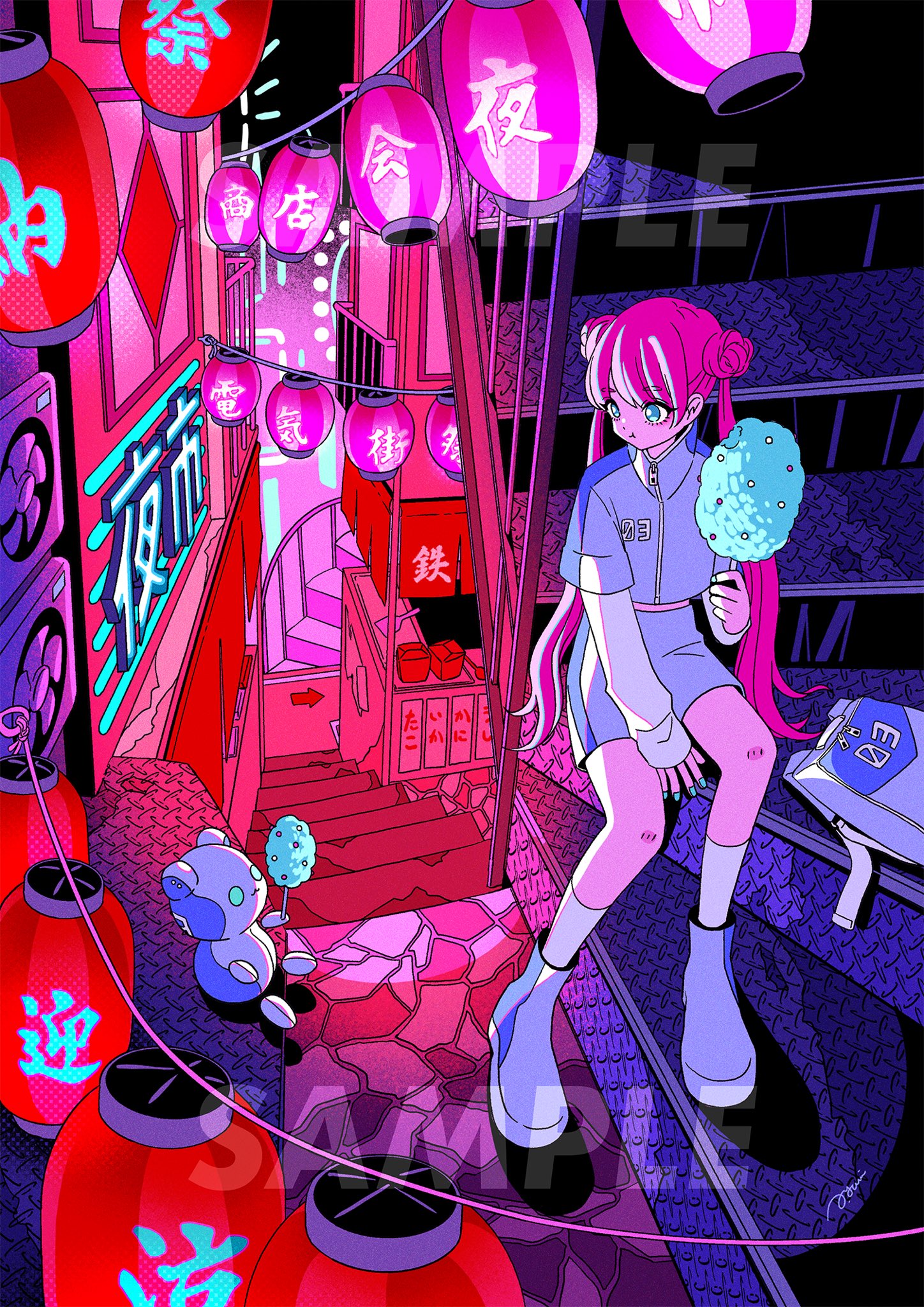nakazawa ayami, original, commentary, highres, 1girl, :t, aqua eyes, aqua nails, backpack, bag, between legs, cityscape, cotton candy, cropped jacket, double bun, eating, food, full body, hair between eyes, hair bun, hand between legs, high collar, holding, holding cotton candy, holding food, jacket, lantern, long hair, looking to the side, multicolored hair, neon lights, neon palette, neon sign, paper lantern, pink hair, purple jacket, purple skirt, sitting, skirt, sleeves past wrists, socks, solo, stairs, streaked hair, twintails, very long hair, white socks