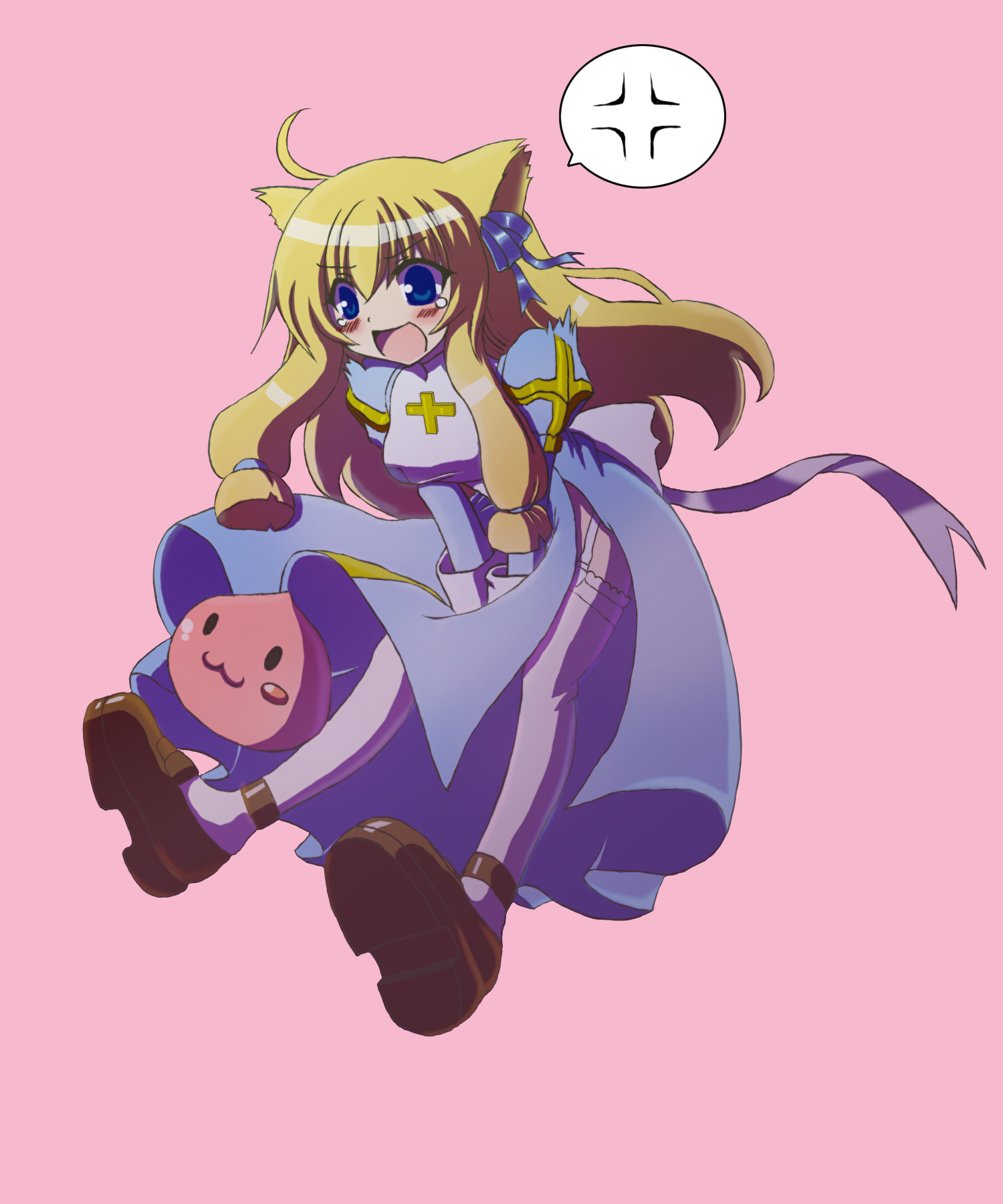 ykakuno, high priest (ragnarok online), poring, ragnarok online, commentary request, highres, 1girl, ahoge, alternate color, anger vein, animal ears, blonde hair, blue dress, blue eyes, blush, breasts, brown shoes, cat ears, cat girl, dress, full body, garter straps, juliet sleeves, long hair, long sleeves, medium breasts, open mouth, pink background, puffy sleeves, shoes, sidelocks, simple background, slime (creature), solo, spoken anger vein, tearing up, thighhighs, two-tone dress, white dress, white thighhighs