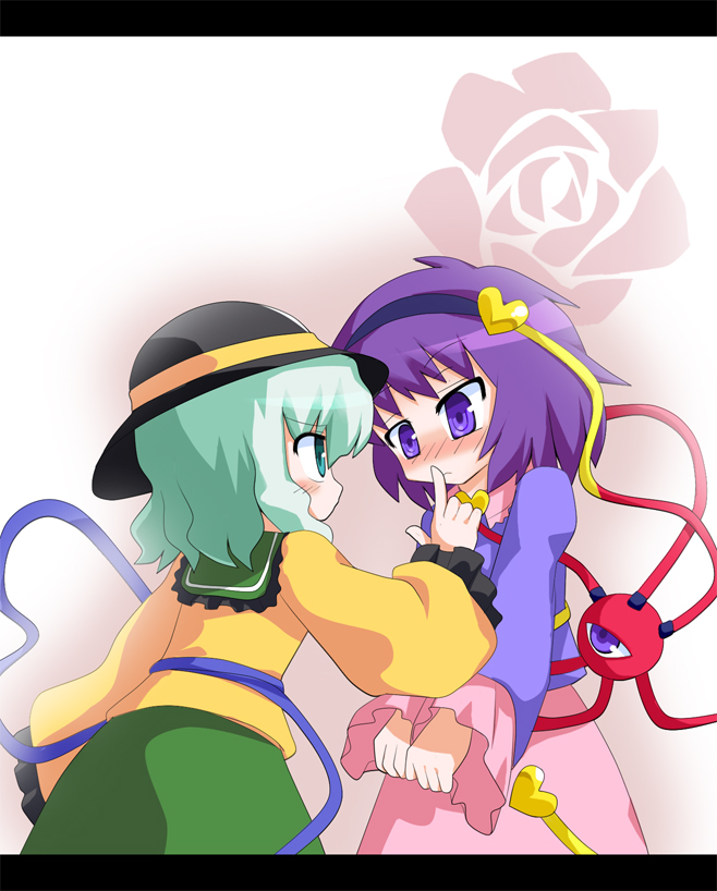 honba, komeiji koishi, komeiji satori, touhou, silver hair, bad id, bad pixiv id, 2girls, blush, female focus, green eyes, hairband, hat, heart, letterboxed, multiple girls, purple eyes, purple hair, short hair, siblings, sisters