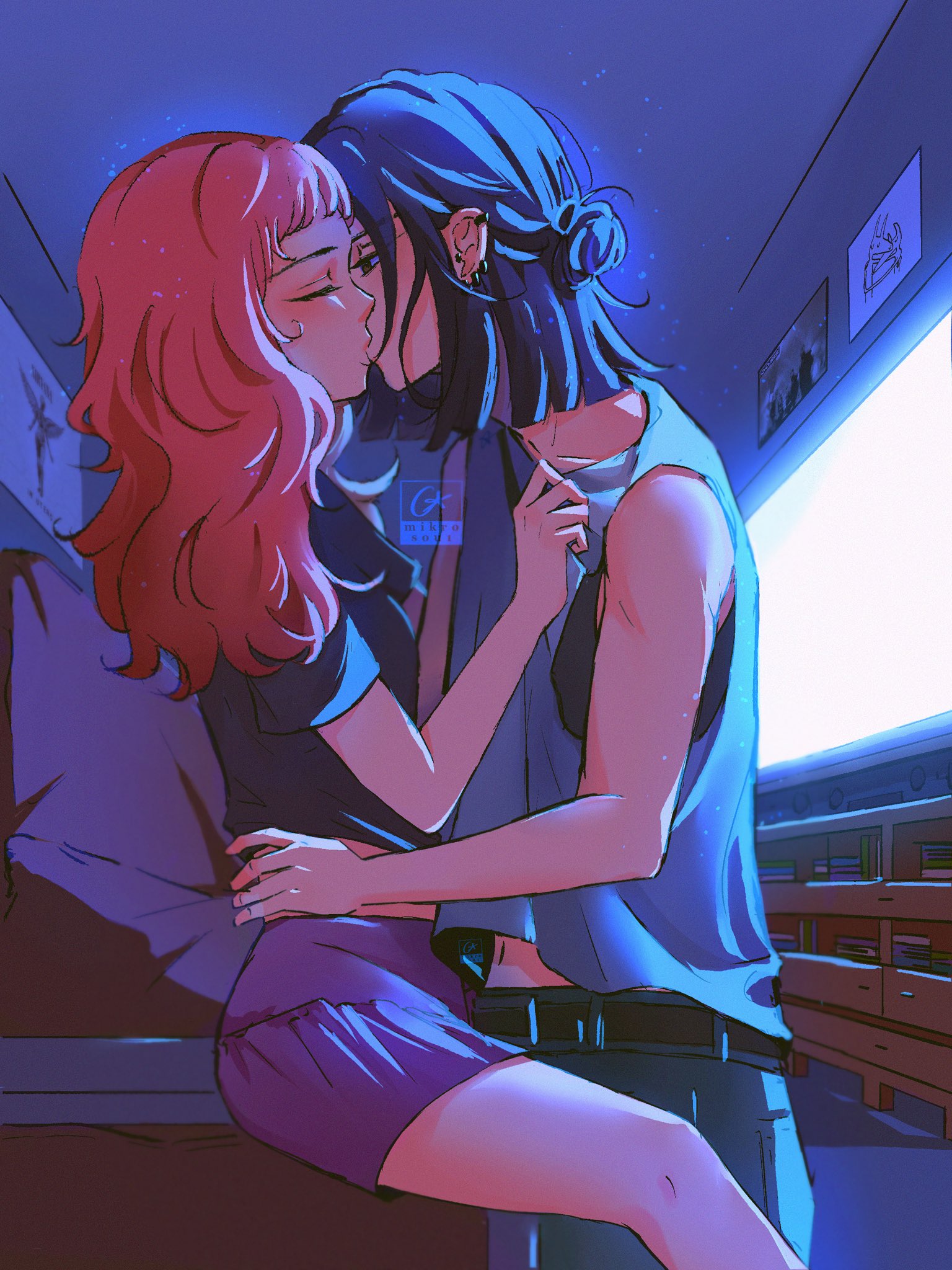mikrosou1, koga mitsuki, oosawa aya, kininatteru hito ga otoko ja nakatta, commentary, english commentary, highres, 2girls, bare arms, between legs, black hair, black shirt, blunt ends, closed eyes, ear piercing, earclip, eye contact, face-to-face, grey tank top, hair bun, hand on another's shoulder, hand on another's waist, indoors, kiss, light particles, long hair, looking at another, medium hair, midriff peek, multiple girls, piercing, pink hair, purple shorts, shirt, shorts, single side bun, smile, tank top, television, yuri