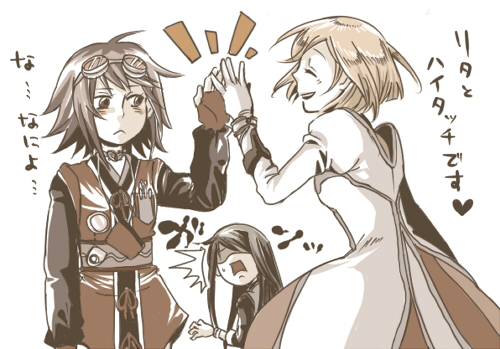 shirou (vista), estellise sidos heurassein, rita mordio, yuri lowell, tales of (series), tales of vesperia, bad id, bad pixiv id, lowres, translation request, 00s, 1boy, 2girls, blush, bracelet, brown theme, dress, gloves, goggles, heart, high five, jewelry, long hair, monochrome, multiple girls, short hair, surprised