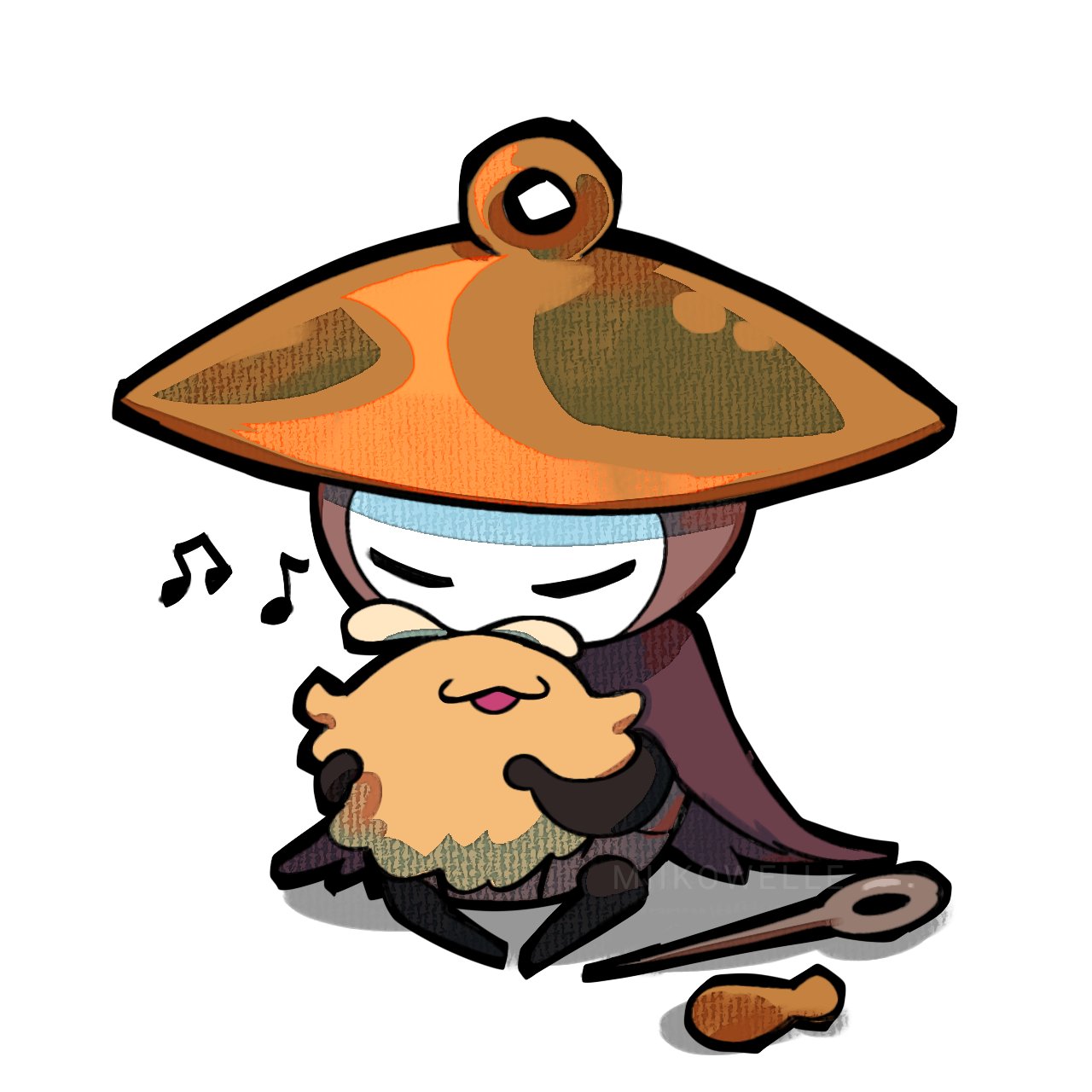 miikrowelle, flea (hollow knight), sherma (hollow knight), hollow knight, hollow knight: silksong, highres, 1boy, :3, animal, arms up, arthropod boy, artist name, bell, black eyes, black skin, blush, cape, closed eyes, colored skin, grey skin, hat, holding, holding animal, multicolored skin, musical note, needle, outline, purple cape, simple background, two-tone skin, white background, yellow hat
