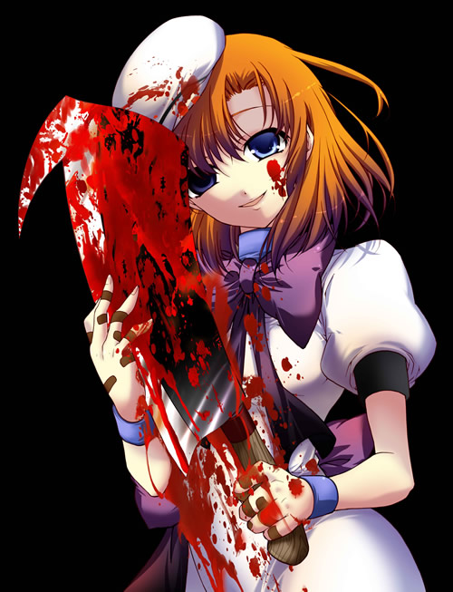 suzuragi karin, ryuuguu rena, higurashi no naku koro ni, 00s, 1girl, billhook, blood, blue eyes, crazy smile, creepy, female focus, hashitsuki nata, hat, hatchet, horror (theme), nata (tool), orange hair, smile, solo, yandere