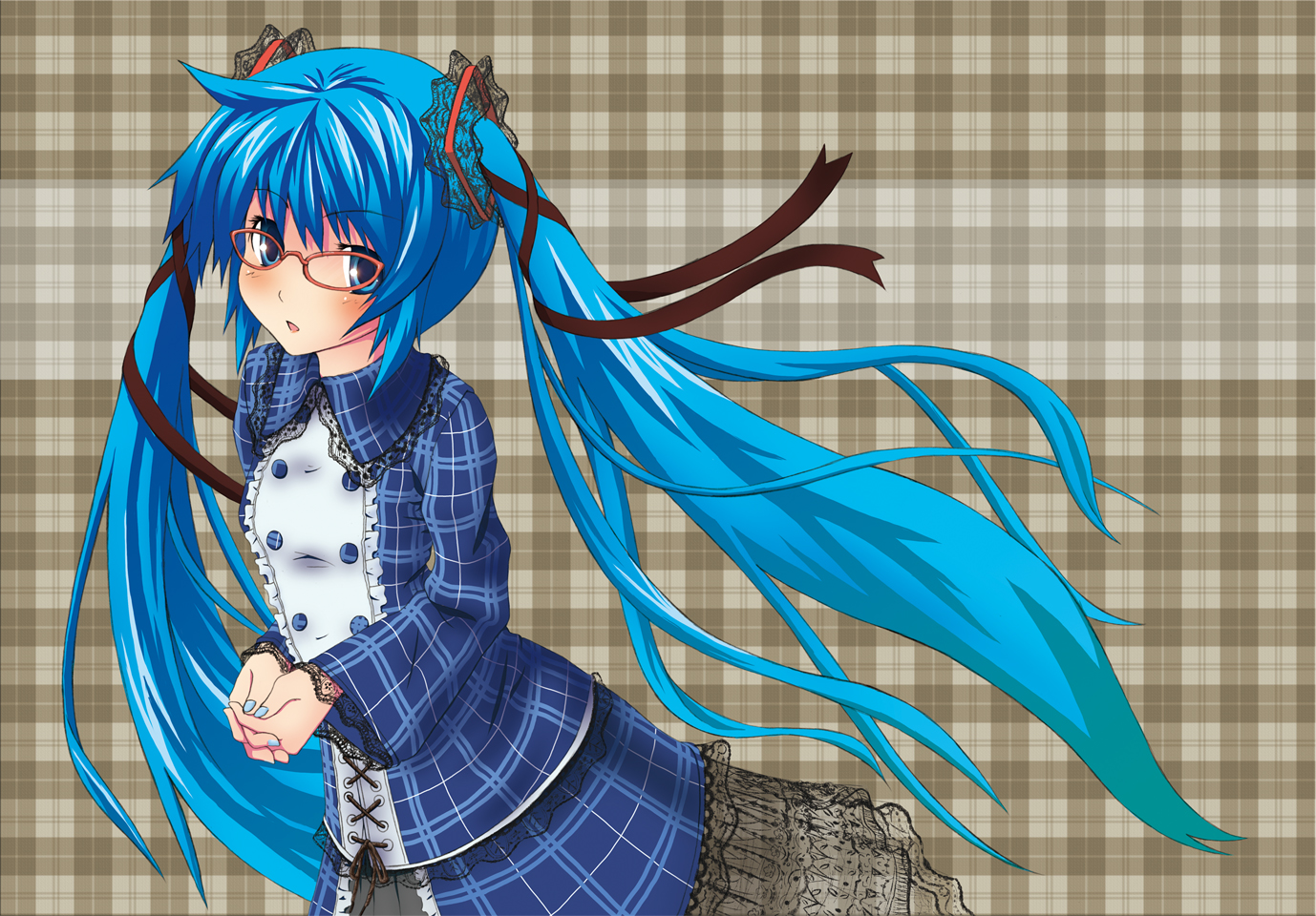 nekobaka, hatsune miku, vocaloid, plaid, bad id, bad pixiv id, 1girl, aqua eyes, aqua hair, bespectacled, blue eyes, blue hair, blue nails, blush, dress, female focus, glasses, gothic lolita, hair ribbon, lace, lolita fashion, long hair, matching hair/eyes, nail polish, ribbon, solo, twintails, very long hair