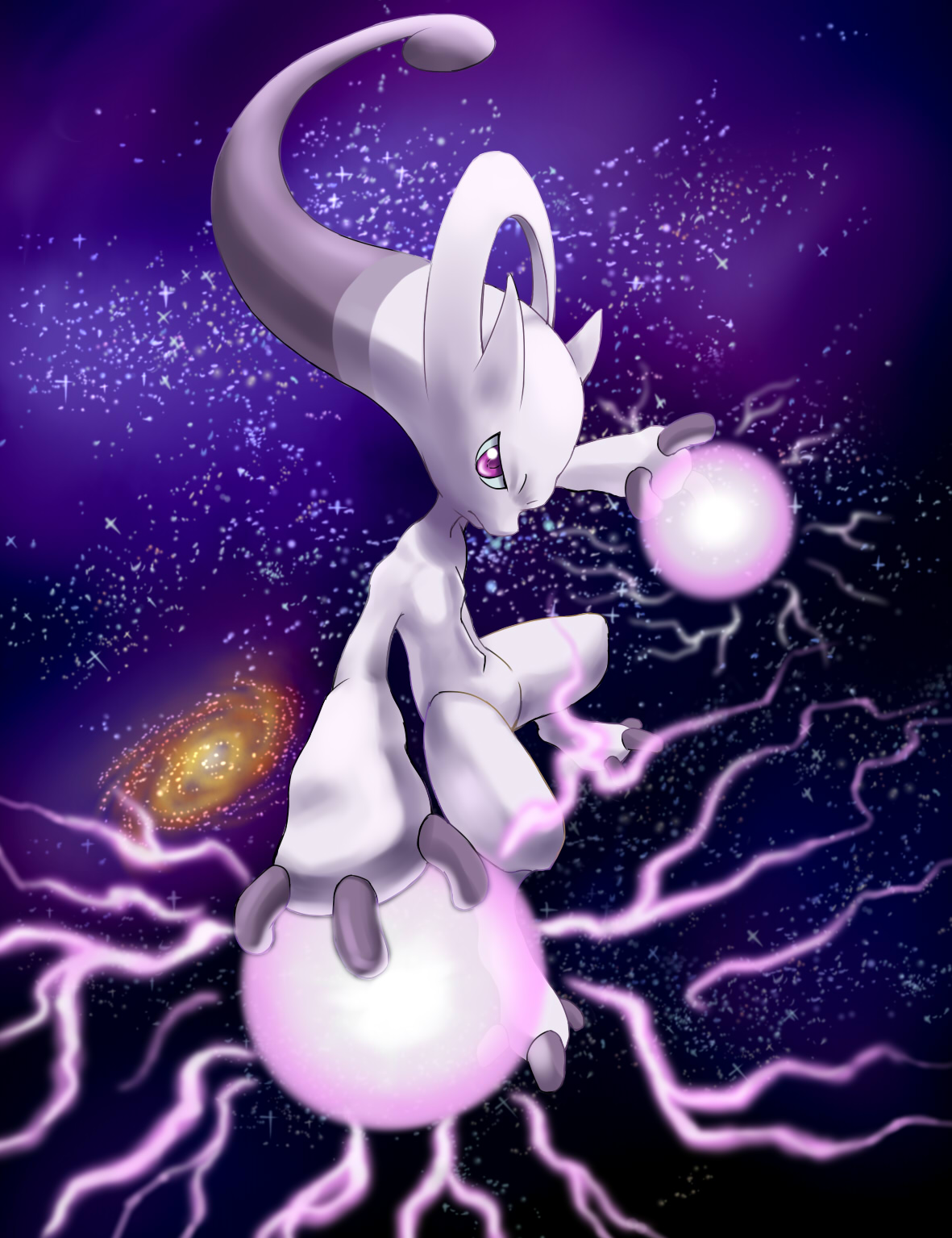 hooh lin, mega mewtwo y, mewtwo, nintendo, pokemon, commentary request, highres, closed mouth, energy ball, full body, galaxy, gen 1 pokemon, legendary pokemon, mega pokemon, pokemon (creature), pokemon focus, purple eyes, solo, space, star (sky)