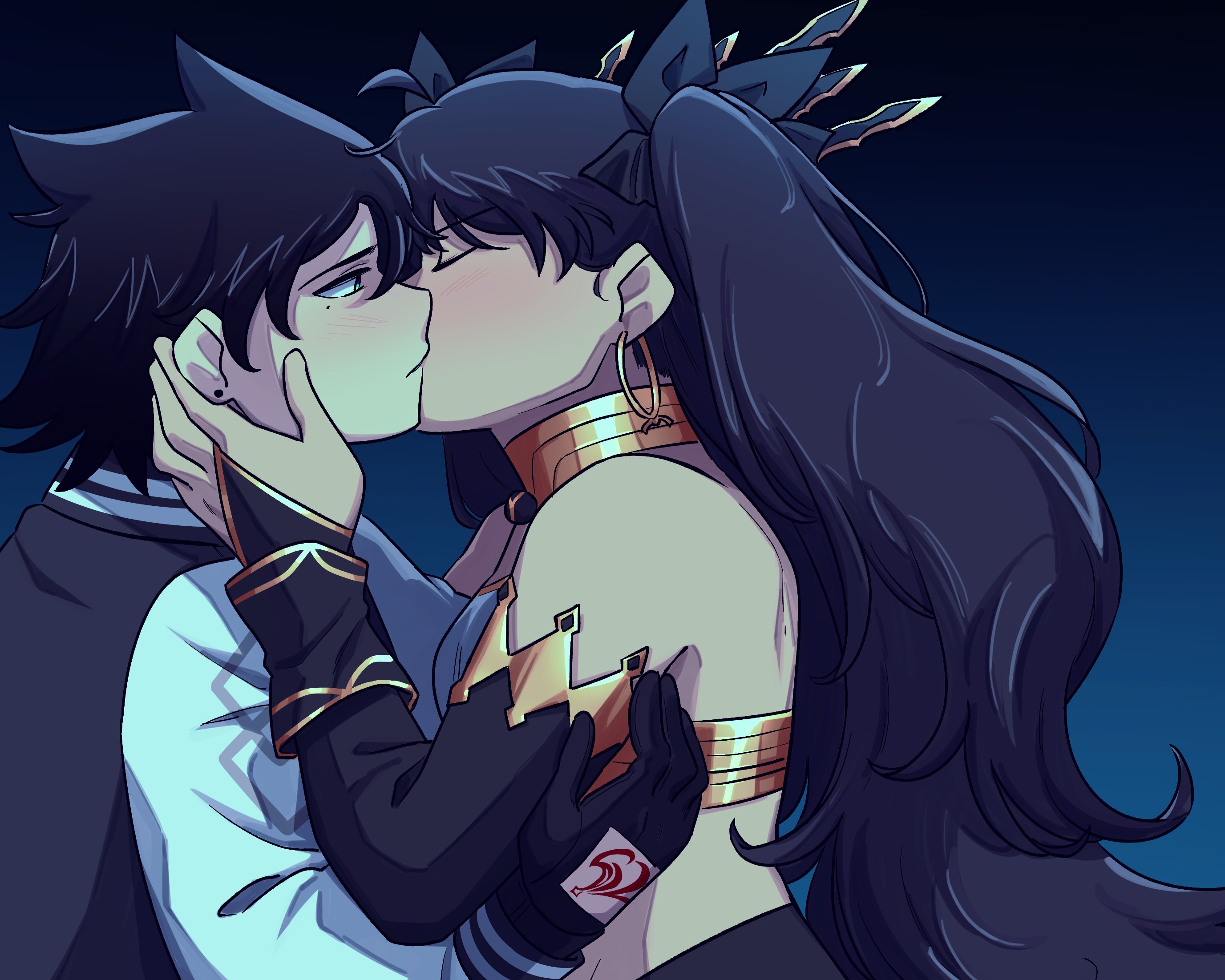 okinobus, ishtar (fate), fate/grand order, fate (series), original, gold collar, highres, 2girls, androgynous, arm up, black bridal gauntlets, black gloves, black hair, black ribbon, bridal gauntlets, closed eyes, clothing cutout, command spell, crown, detached collar, earrings, furrowed brow, glove cutout, gloves, gold, gold bra, gold earrings, gradient background, hand on another's arm, hand on another's face, hoop earrings, jacket, jewelry, kiss, kissing cheek, letterman jacket, long hair, looking at another, mole, mole under eye, multicolored tiara, multiple girls, oc x canon, ribbon, spiked hair, stud earrings, twintails, two side up, yuri