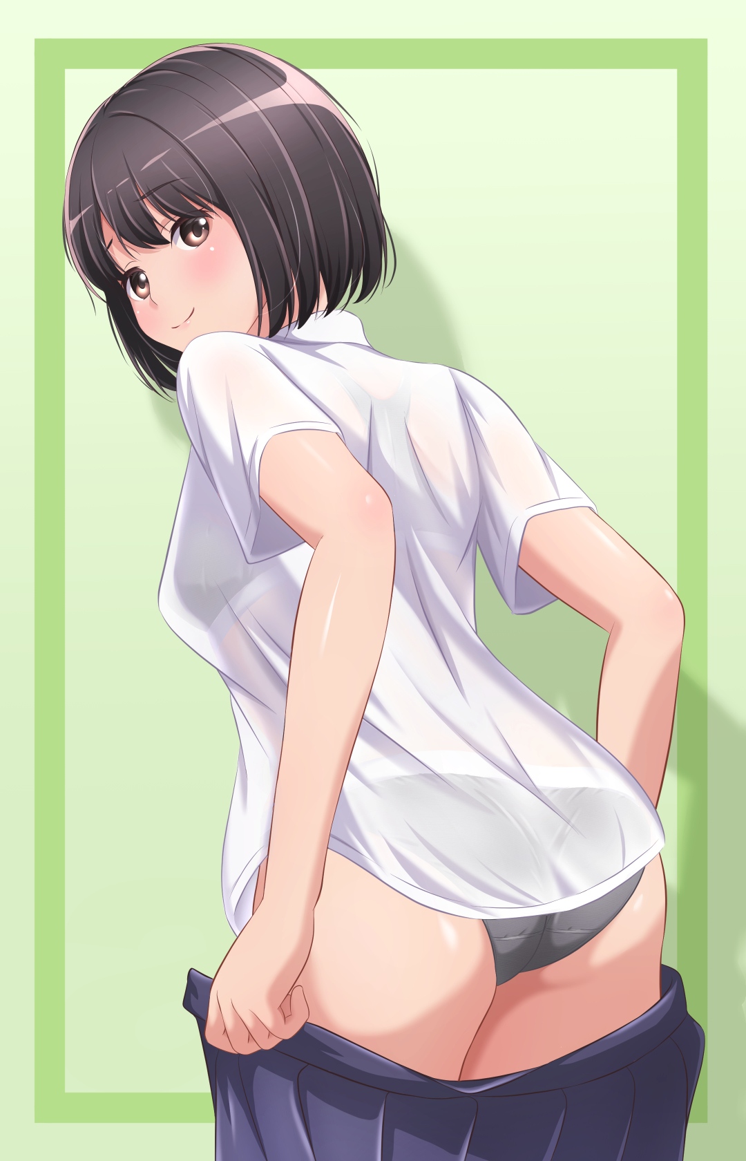 original, commentary, highres, 1girl, akippoi 0919, ass, black eyes, black hair, black panties, blue skirt, bralines, closed mouth, clothes pull, crotch seam, dress shirt, from behind, green background, leaning forward, looking at viewer, looking back, open clothes, open skirt, panties, pleated skirt, pulling own clothes, school uniform, see-through clothes, see-through shirt, shirt, short hair, short sleeves, skirt, skirt pull, smile, solo, standing, underwear, undressing, white shirt