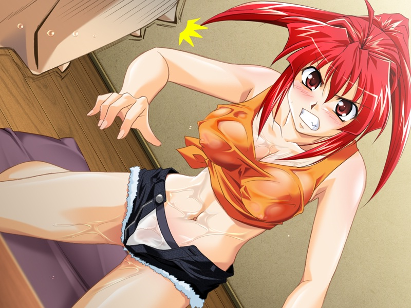 angry, covered erect nipples, red eyes, red hair, short shorts, shorts, tank top, wet