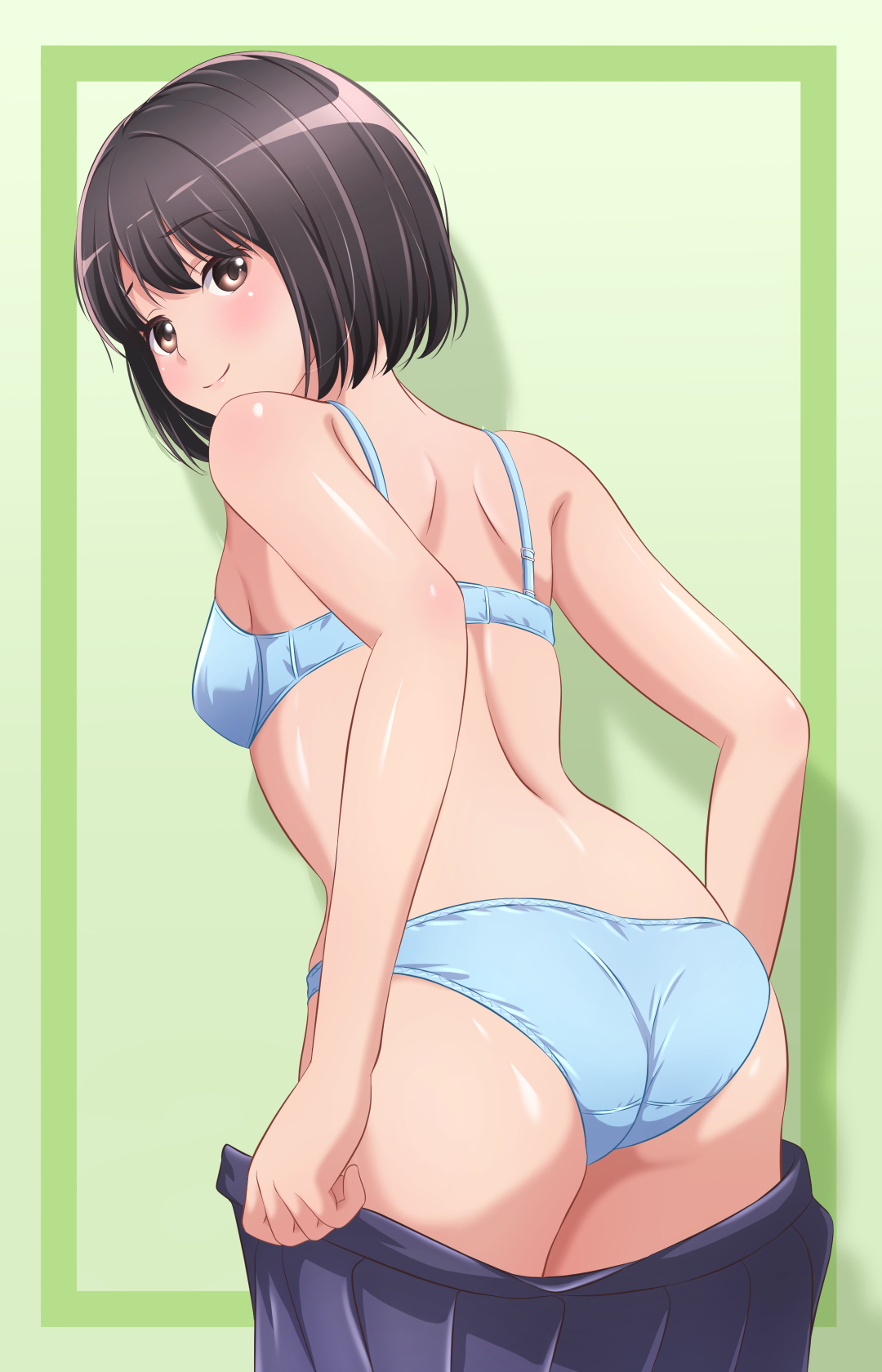 original, commentary, highres, 1girl, akippoi 0919, ass, back, black eyes, black hair, blue bra, blue panties, blue skirt, bra, breasts, closed mouth, clothes pull, crotch seam, from behind, green background, leaning forward, looking at viewer, looking back, no shirt, open clothes, open skirt, panties, pleated skirt, pulling own clothes, short hair, skirt, skirt pull, small breasts, smile, solo, standing, underwear, undressing