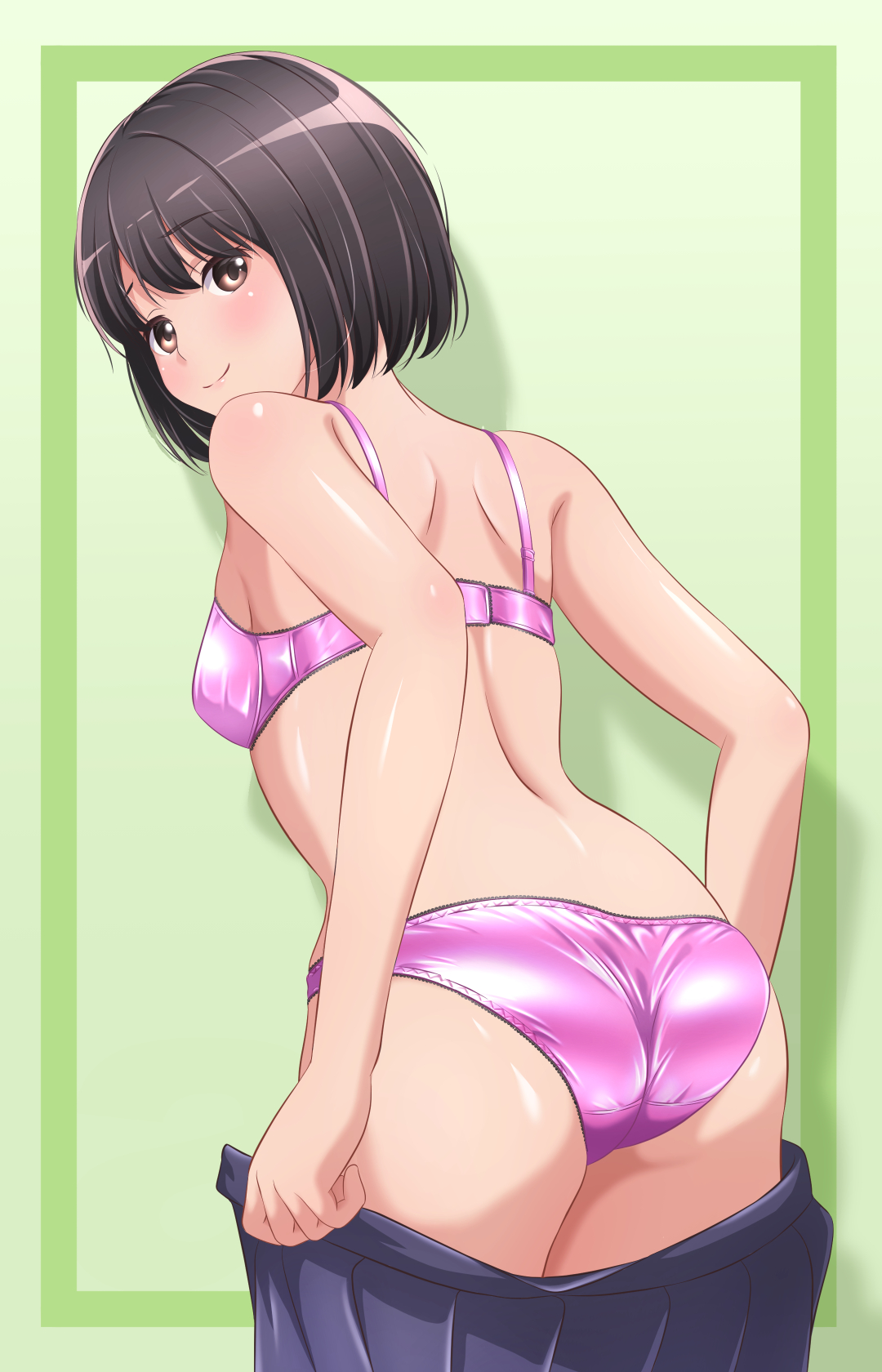 original, commentary, highres, 1girl, akippoi 0919, ass, back, black eyes, black hair, blue skirt, bra, breasts, closed mouth, clothes pull, crotch seam, from behind, green background, lace, lace-trimmed bra, lace-trimmed panties, lace trim, leaning forward, looking at viewer, looking back, no shirt, open clothes, open skirt, panties, pink bra, pink panties, pleated skirt, pulling own clothes, shiny clothes, short hair, skirt, skirt pull, small breasts, smile, solo, standing, underwear, undressing