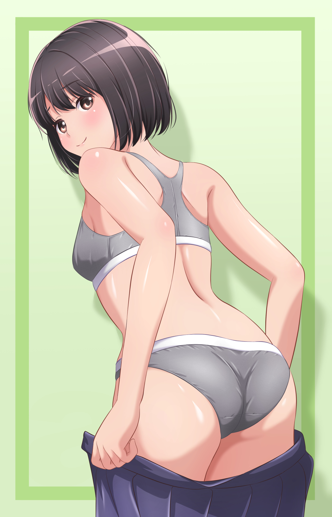 original, commentary, highres, 1girl, akippoi 0919, ass, back, black eyes, black hair, blue skirt, breasts, closed mouth, clothes pull, crotch seam, from behind, green background, grey sports bra, grey sports panties, leaning forward, looking at viewer, looking back, no shirt, open clothes, open skirt, panties, pleated skirt, pulling own clothes, short hair, skirt, skirt pull, small breasts, smile, solo, sports bra, sports panties, standing, underwear, undressing