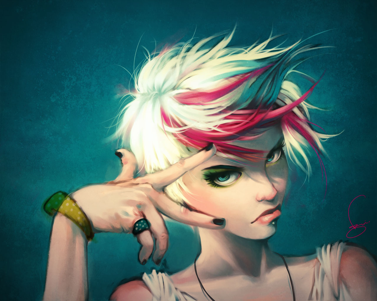 viet-my bui, hand gesture, 1girl, bandaid, black nails, blonde hair, blue eyes, bracelet, chin stud, eyelashes, eyeshadow, face piercing, female focus, jewelry, lip piercing, lip stud, lipstick, makeup, mascara, multicolored hair, nail polish, necklace, piercing, pink hair, ring, short hair, solo, streaked hair, tank top, white hair