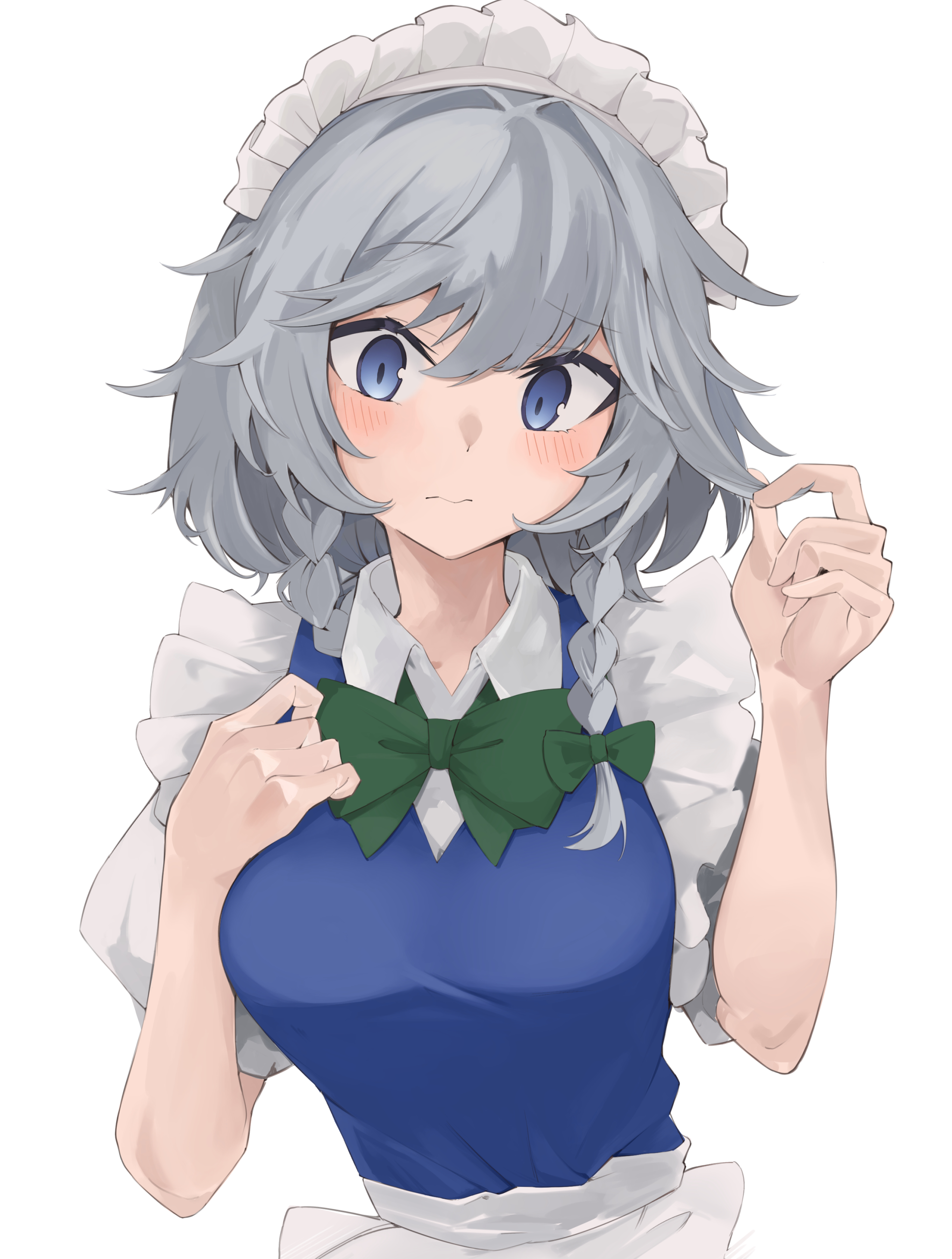 chinju-san, izayoi sakuya, touhou, absurdres, commentary, highres, 1girl, apron, bare arms, blue dress, blue eyes, blush, bow, bowtie, braid, braided sidelock, breasts, dress, green bow, green bowtie, grey hair, hair bow, hair intakes, holding, holding own hair, looking at viewer, maid apron, maid headdress, medium breasts, pinafore dress, puffy short sleeves, puffy sleeves, shirt, short sleeves, simple background, sleeveless, sleeveless dress, solo, twin braids, upper body, white background, white shirt