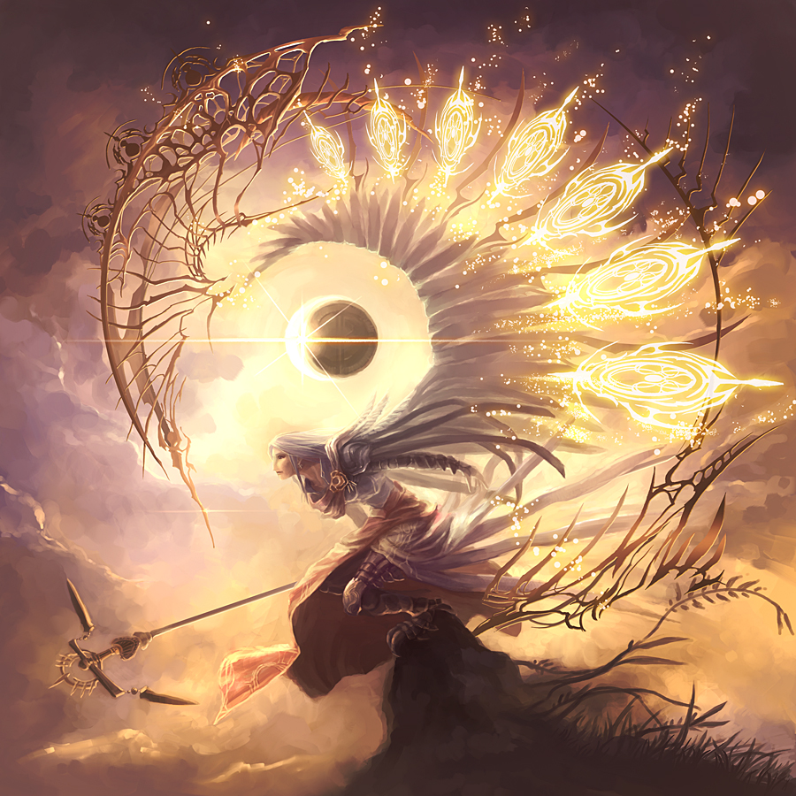 yuu (ytkn), yuu pixiv, original, 1girl, armor, claws, female focus, grass, moon, solo, staff, sun, white hair, wings