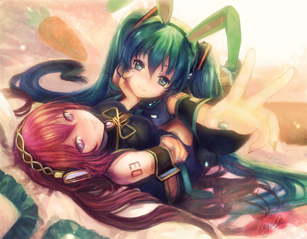 yoru (xueyinye), hatsune miku, megurine luka, vocaloid, bad id, bad pixiv id, 2girls, animal ears, aqua eyes, aqua hair, blue eyes, blue nails, detached sleeves, green nails, head rest, headphones, headset, long hair, multiple girls, nail polish, pink hair, rabbit ears, smile, tattoo, twintails, v, very long hair