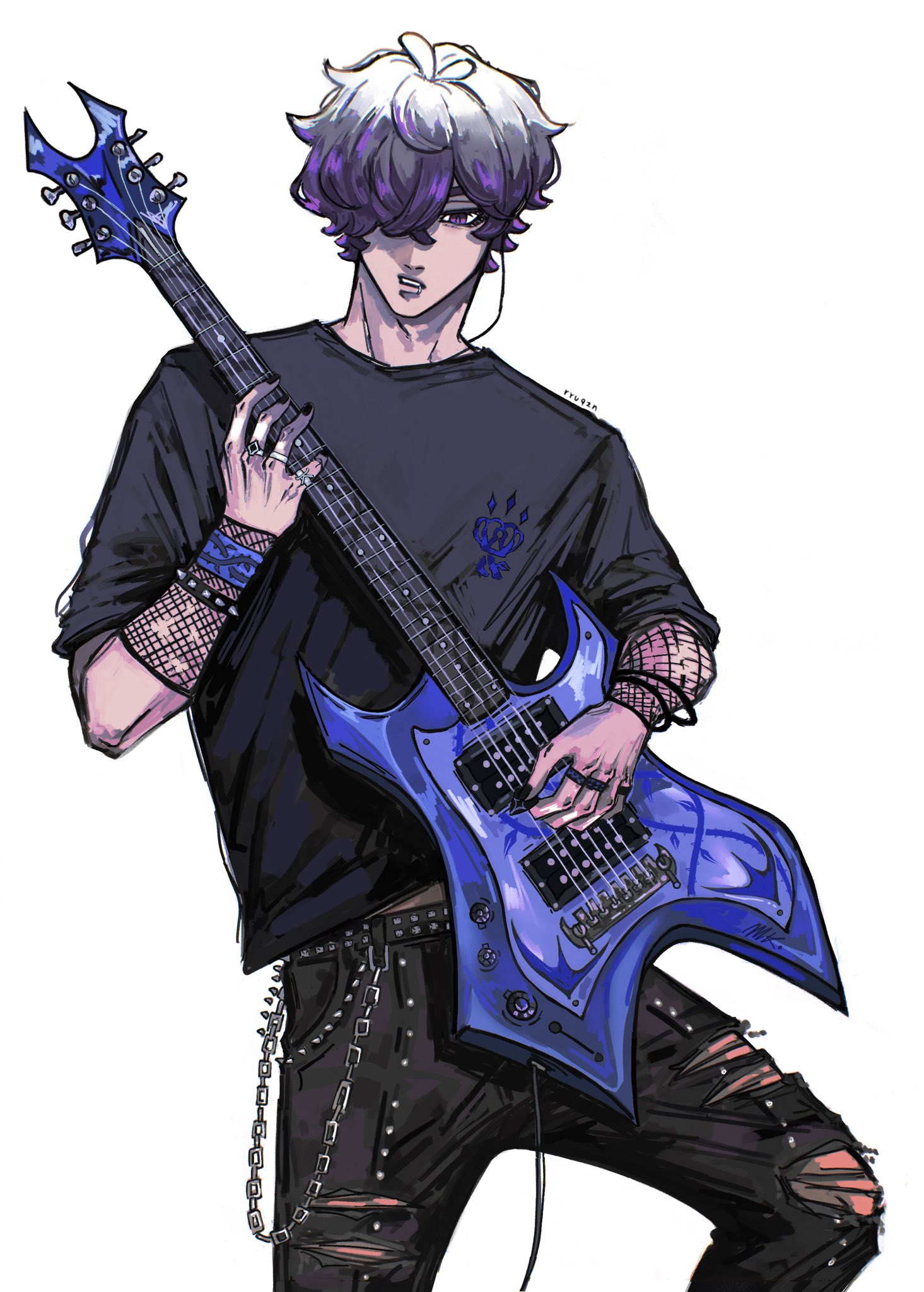 alexis ness, blue lock, highres, 1boy, alternate costume, black hair, black nails, black pants, black shirt, crown print, electric guitar, face piercing, fishnet sleeves, fishnets, guitar, hair over one eye, instrument, jewelry, lip piercing, male focus, midriff peek, multiple rings, pants, parted lips, piercing, plectrum, ring, ryuqzn, shirt, short hair, simple background, teeth, torn clothes, torn pants, warlock guitar, white background