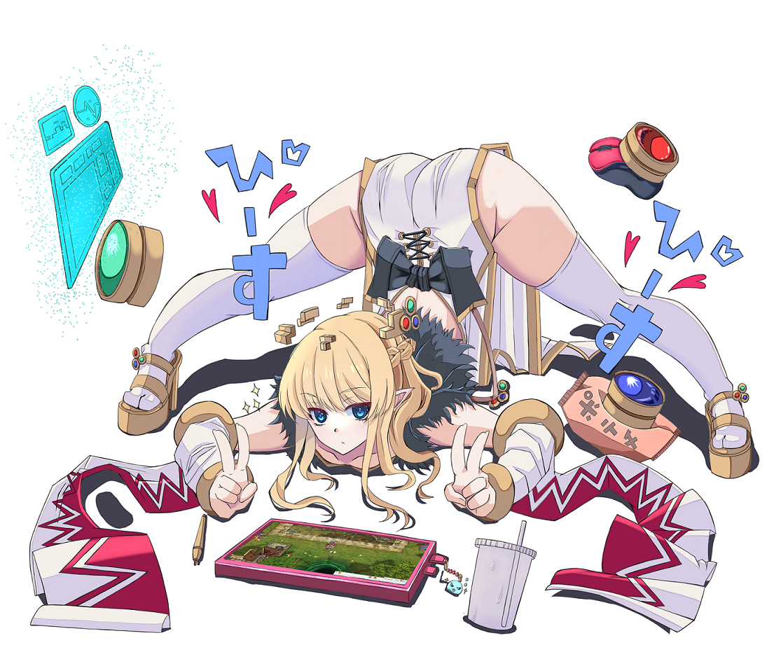 nagifujisawa, sorcerer (ragnarok online), ragnarok online, commentary request, 1girl, ass, back bow, black bow, blonde hair, blue eyes, blush, bow, broken halo, brown sandals, closed mouth, cup, detached sleeves, disposable cup, double v, dress, expressionless, full body, fur collar, halo, heart, jack-o' challenge, long hair, looking at viewer, platform sandals, pointy ears, sandals, simple background, sleeveless, sleeveless dress, solo, spread legs, thighhighs, top-down bottom-up, v, white background, white dress, white sleeves, white thighhighs