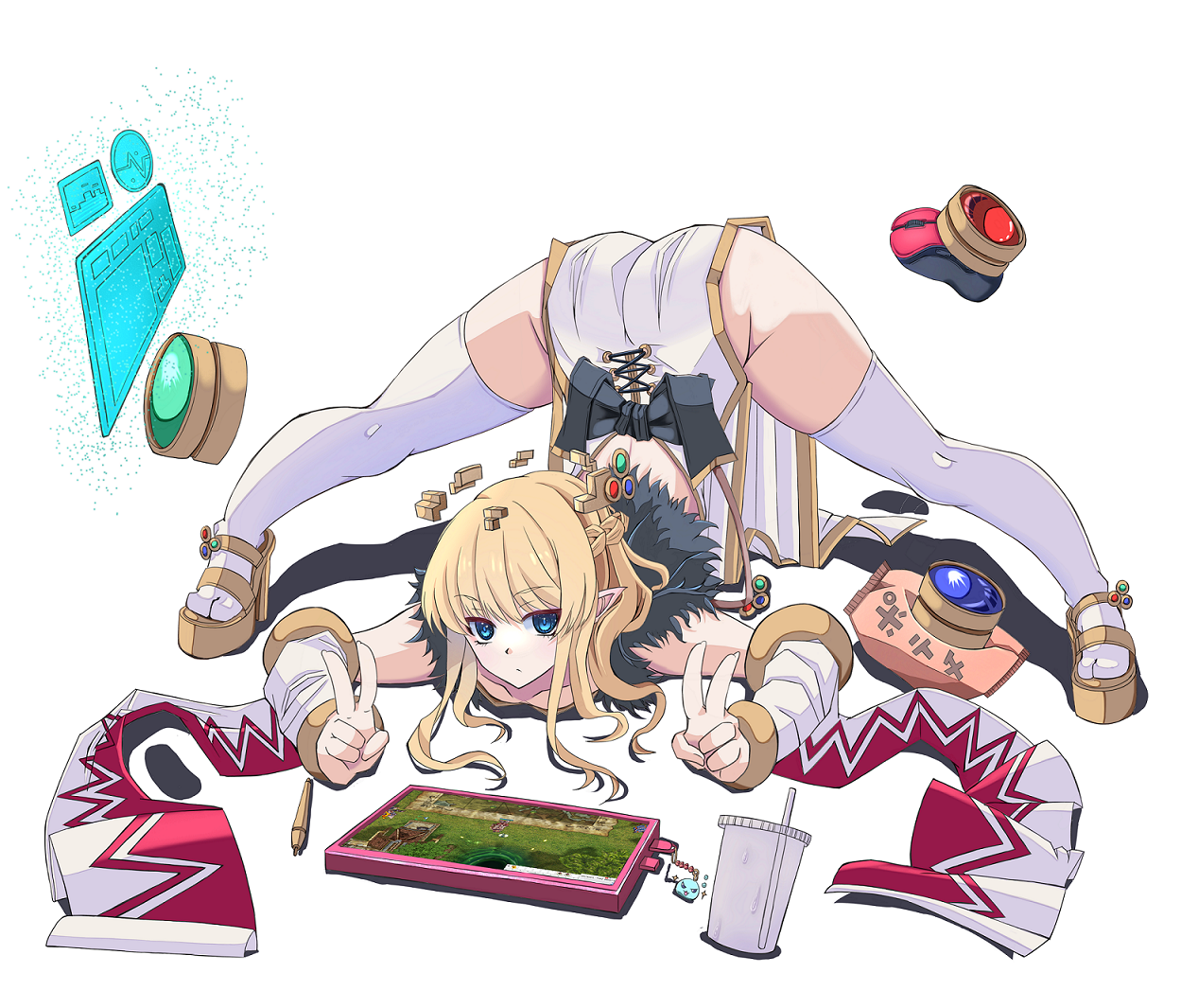 nagifujisawa, sorcerer (ragnarok online), ragnarok online, commentary request, 1girl, ass, back bow, black bow, blonde hair, blue eyes, blush, bow, broken halo, brown sandals, closed mouth, cup, detached sleeves, disposable cup, double v, dress, expressionless, full body, fur collar, halo, jack-o' challenge, long hair, looking at viewer, platform sandals, pointy ears, sandals, simple background, sleeveless, sleeveless dress, solo, spread legs, thighhighs, top-down bottom-up, v, white background, white dress, white sleeves, white thighhighs