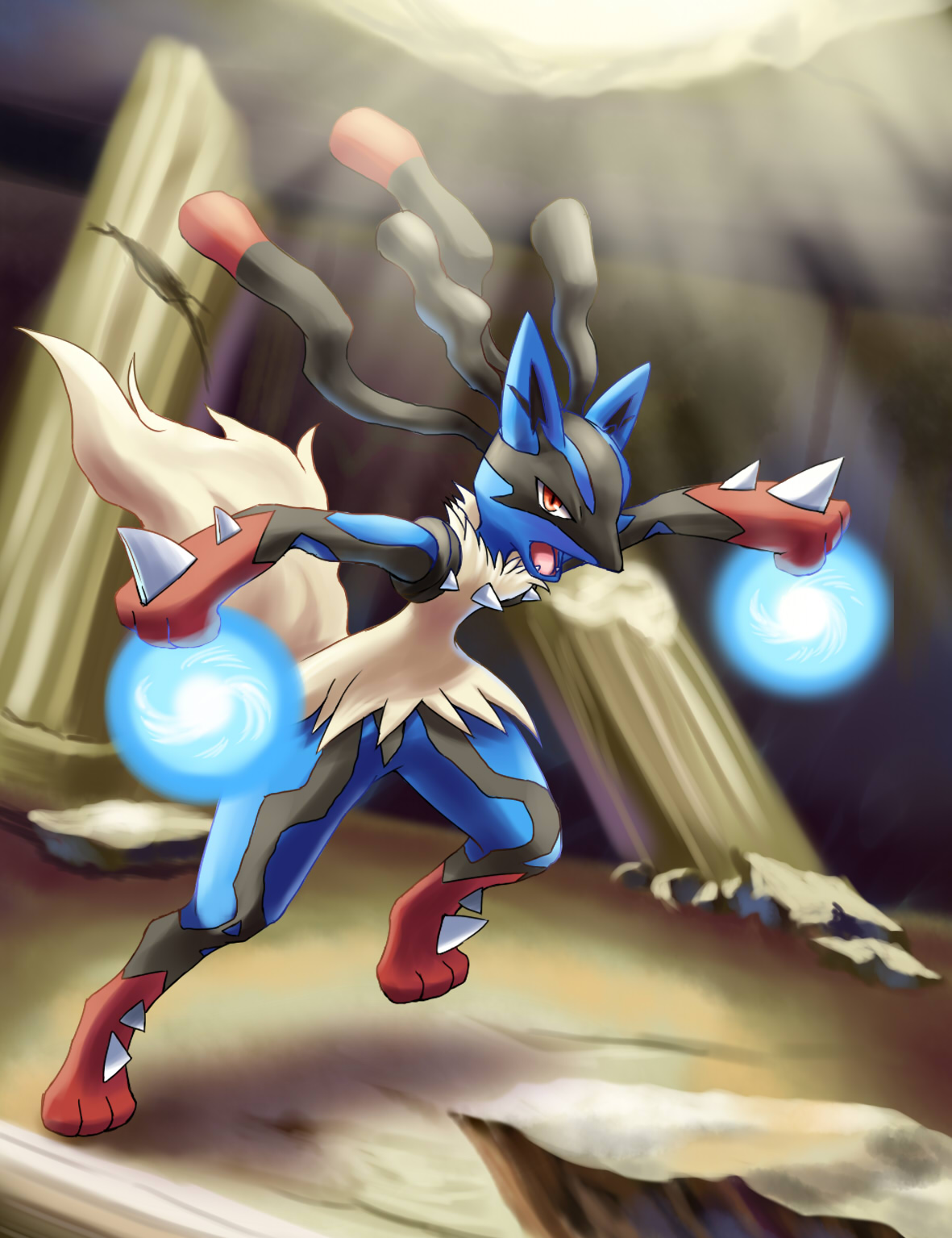 hooh lin, lucario, mega lucario, nintendo, pokemon, commentary request, highres, column, energy ball, fangs, full body, gen 4 pokemon, mega pokemon, open mouth, pillar, pokemon (creature), pokemon focus, red eyes, ruins, solo, spikes