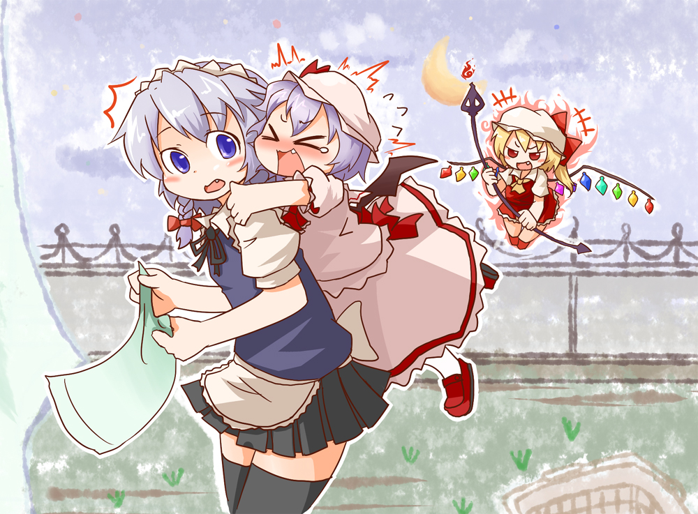 tamute (2580rs), flandre scarlet, izayoi sakuya, remilia scarlet, touhou, silver hair, > <, 3girls, blonde hair, blue eyes, blue hair, braid, closed eyes, fang, female focus, hat, maid, multiple girls, outdoors, short hair, skirt, sky, tears, thighhighs, twin braids, vampire, wings