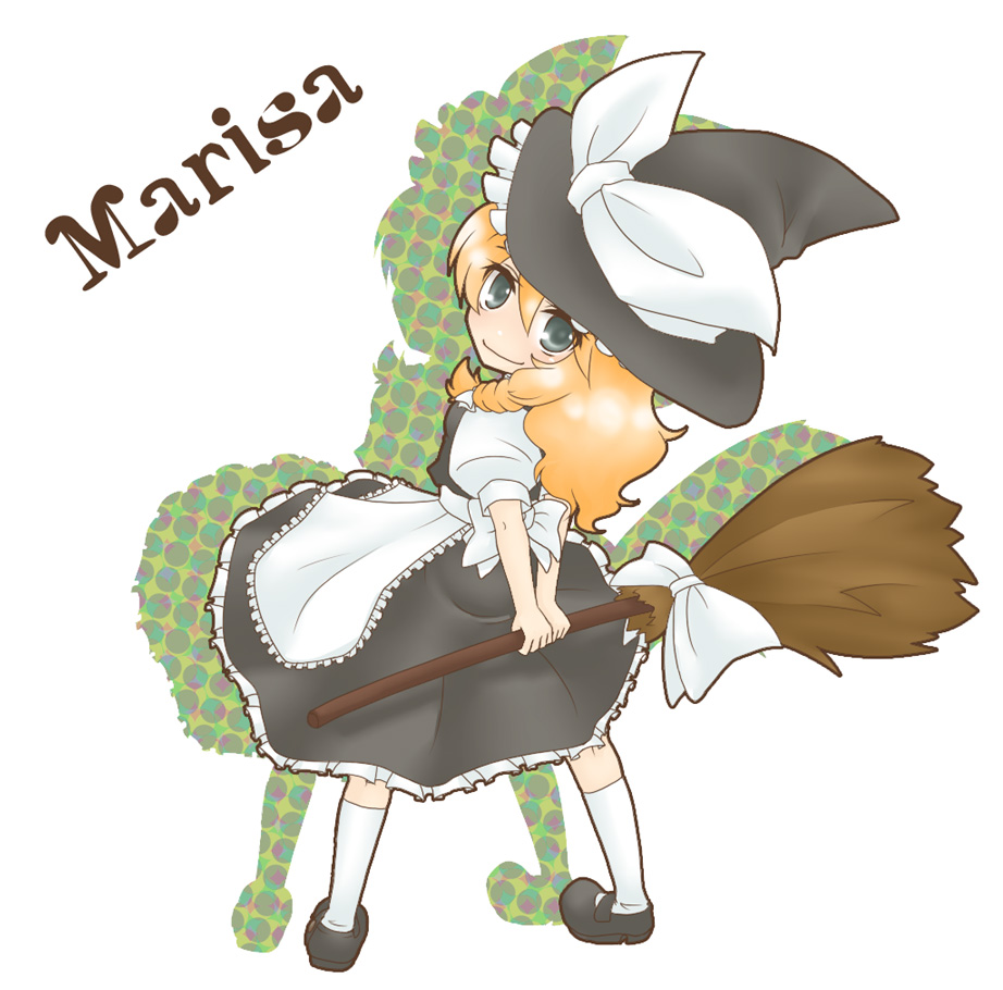masamura, kirisame marisa, touhou, bad id, bad pixiv id, 1girl, blonde hair, braid, broom, character name, female focus, full body, hat, looking back, ribbon, solo, witch, witch hat