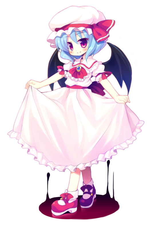 meito (maze), remilia scarlet, touhou, 1girl, blue hair, dress, female focus, full body, hat, short hair, skirt hold, smile, solo, standing, wings