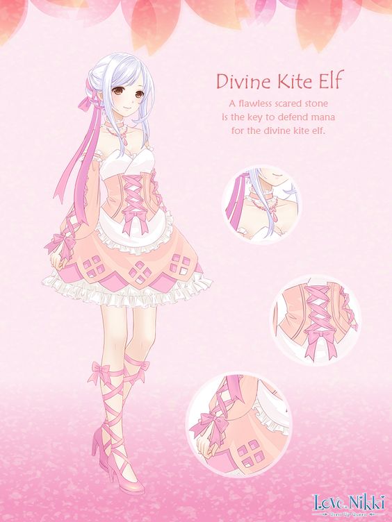 miracle nikki, nikki (series), artist request, official art, third-party source, 1girl, apron, bare shoulders, bow, bow legwear, brown eyes, character name, choker, close-up, closed mouth, copyright logo, corset, cross-laced clothes, cross-laced corset, cross-laced sleeves, detached sleeves, divine kite elf (miracle nikki), dot nose, dress, english text, eyelashes, frilled apron, frilled choker, frilled dress, frills, full body, hair bow, hair bun, happy, high heels, jewelry, leg ribbon, light blush, light particles, logo, long sleeves, looking at viewer, pendant, pink background, pink bow, pink choker, pink corset, pink dress, pink ribbon, pink shoes, pink sleeves, puffy long sleeves, puffy sleeves, ribbon, shoes, short hair with long locks, sidelocks, single hair bun, smile, solo, standing, strapless, strapless dress, tareme, waist bow, white apron, white hair