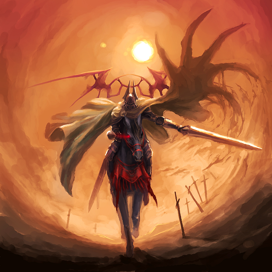 yuu (ytkn), yuu pixiv, magic: the gathering, 1boy, armor, barding, cape, full armor, glowing, glowing eye, helm, helmet, horse, horseback riding, knight, male focus, riding, scabbard, sheath, solo, sun, sword, weapon
