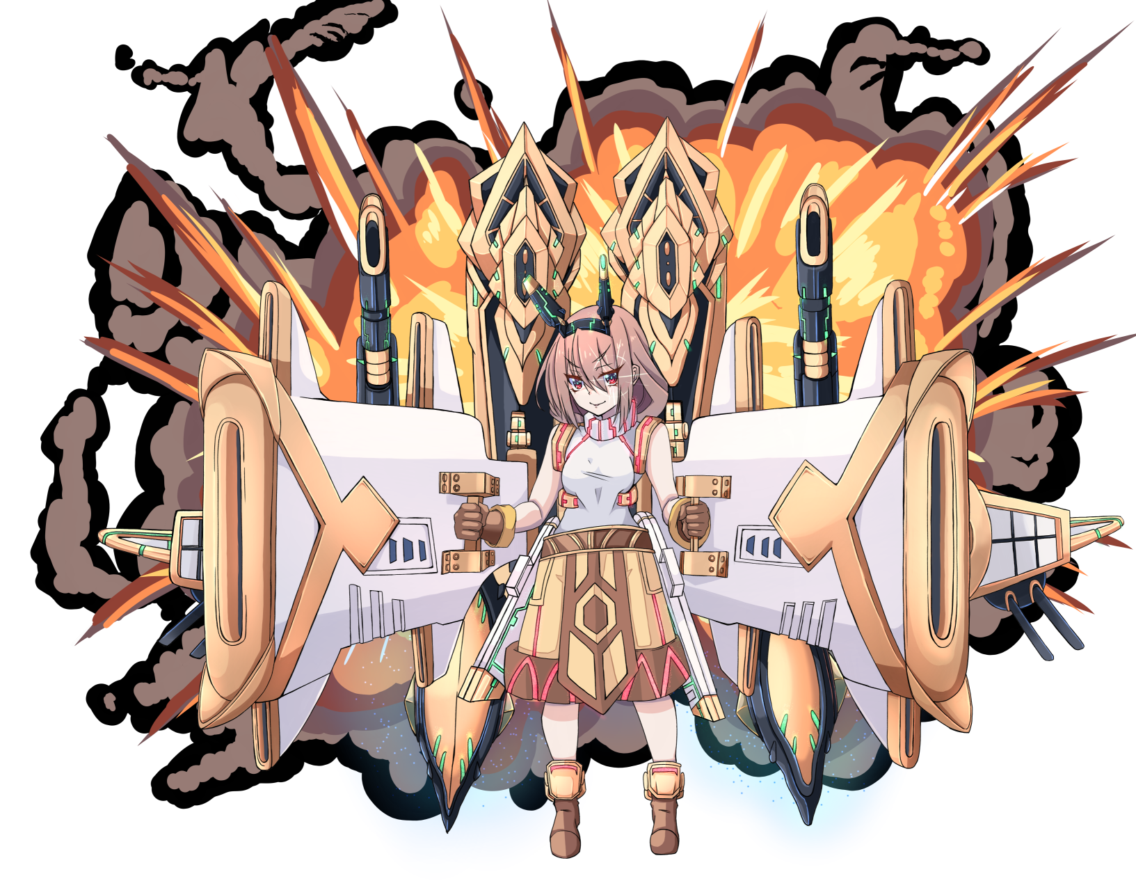 nagifujisawa, super novice (ragnarok online), ragnarok online, commentary request, highres, 1girl, boots, brown boots, brown gloves, brown hair, brown shorts, cannon, closed mouth, explosion, explosion background, full body, gloves, horns, looking at viewer, mechanical horns, medium hair, red eyes, shirt, shorts, simple background, sleeveless, sleeveless shirt, smile, solo, standing, transparent background, v-shaped eyebrows, white shirt