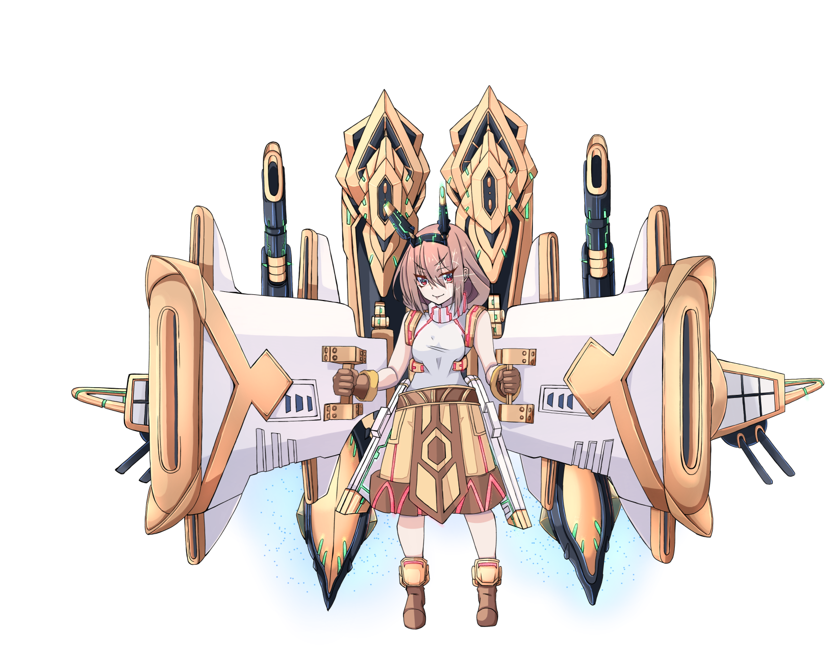 nagifujisawa, super novice (ragnarok online), ragnarok online, commentary request, highres, 1girl, boots, brown boots, brown gloves, brown hair, brown shorts, cannon, closed mouth, full body, gloves, horns, looking at viewer, mechanical horns, medium hair, red eyes, shirt, shorts, simple background, sleeveless, sleeveless shirt, smile, solo, standing, transparent background, v-shaped eyebrows, white shirt