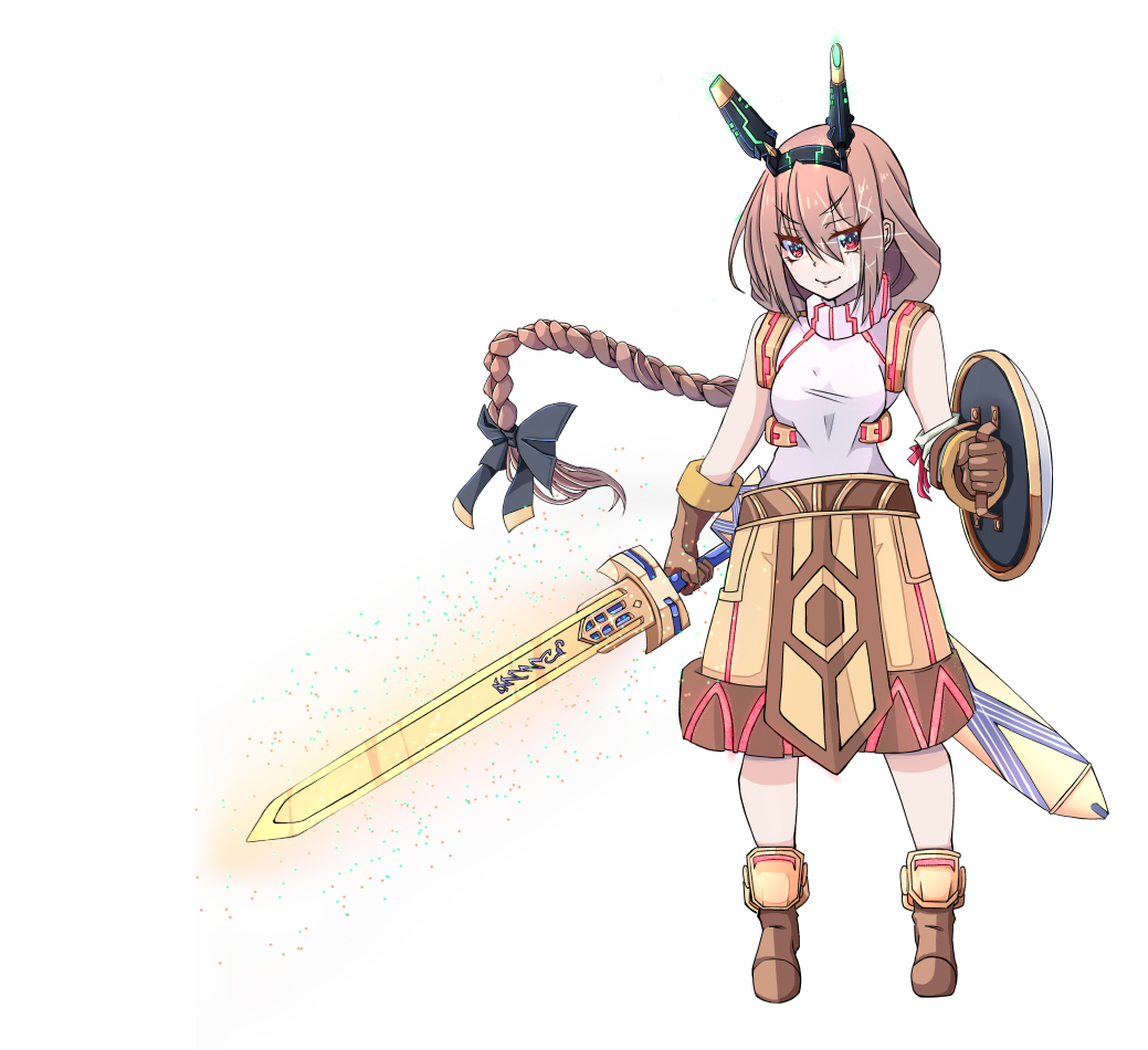 nagifujisawa, super novice (ragnarok online), ragnarok online, commentary request, 1girl, black bow, boots, bow, braid, braided ponytail, brown boots, brown gloves, brown hair, brown shorts, closed mouth, full body, gloves, hair bow, holding, holding shield, holding sword, holding weapon, horns, long hair, looking at viewer, mechanical horns, red eyes, shield, shirt, shorts, simple background, sleeveless, sleeveless shirt, smile, solo, standing, sword, transparent background, v-shaped eyebrows, weapon, white shirt