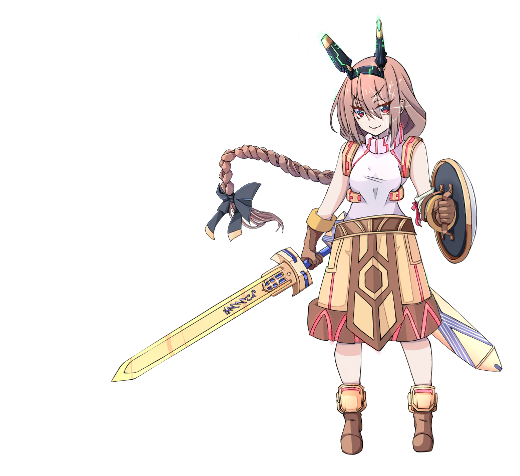 nagifujisawa, super novice (ragnarok online), ragnarok online, commentary request, 1girl, black bow, boots, bow, braid, braided ponytail, brown boots, brown gloves, brown hair, brown shorts, closed mouth, full body, gloves, hair bow, holding, holding shield, holding sword, holding weapon, horns, long hair, looking at viewer, mechanical horns, red eyes, shield, shirt, shorts, simple background, sleeveless, sleeveless shirt, smile, solo, standing, sword, transparent background, v-shaped eyebrows, weapon, white shirt