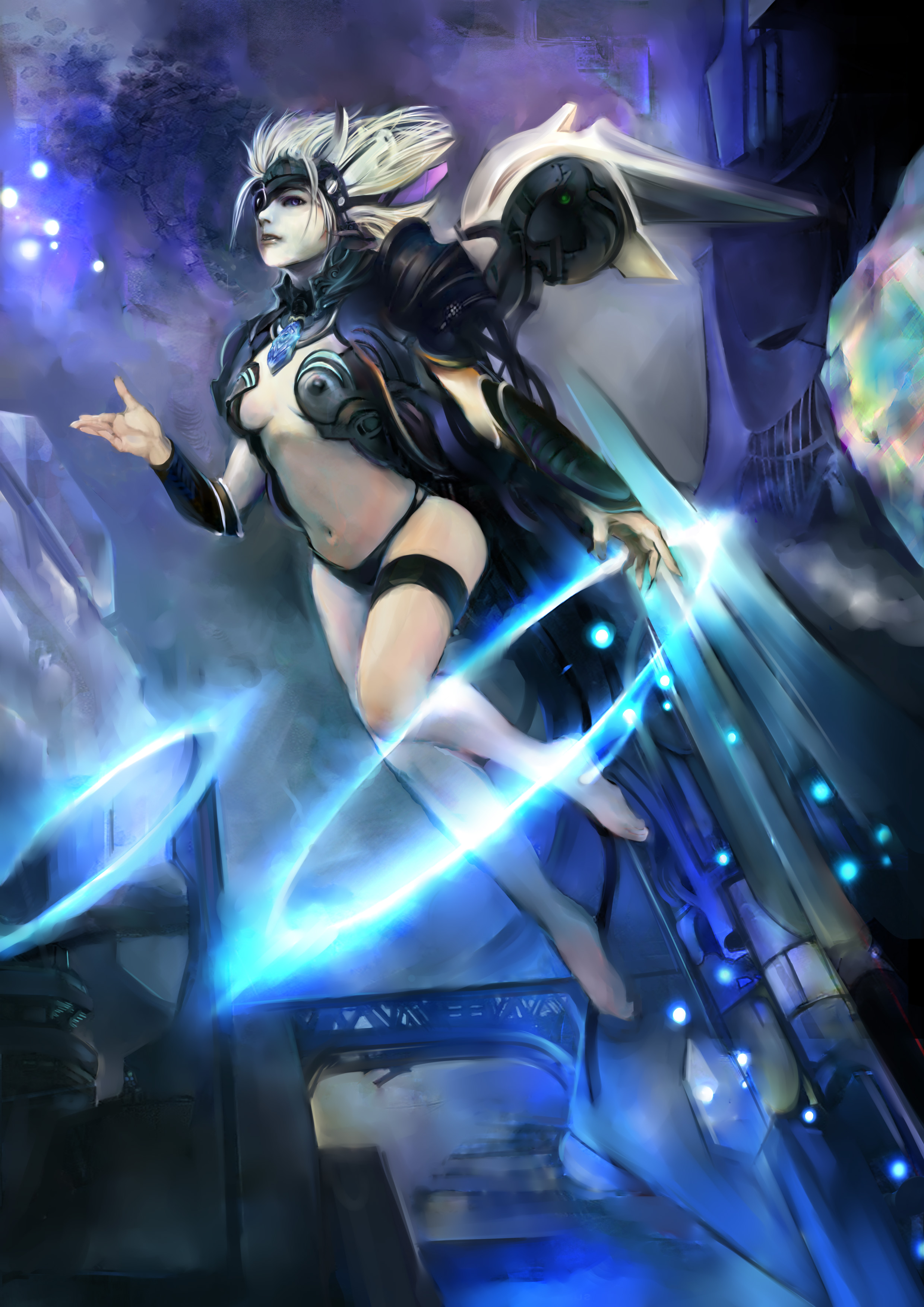 asigaru, absurdres, bad id, bad pixiv id, highres, armor, barefoot, eyepatch, flying, jewelry, midriff, navel, panties, purple eyes, ring, solo, underwear, white hair