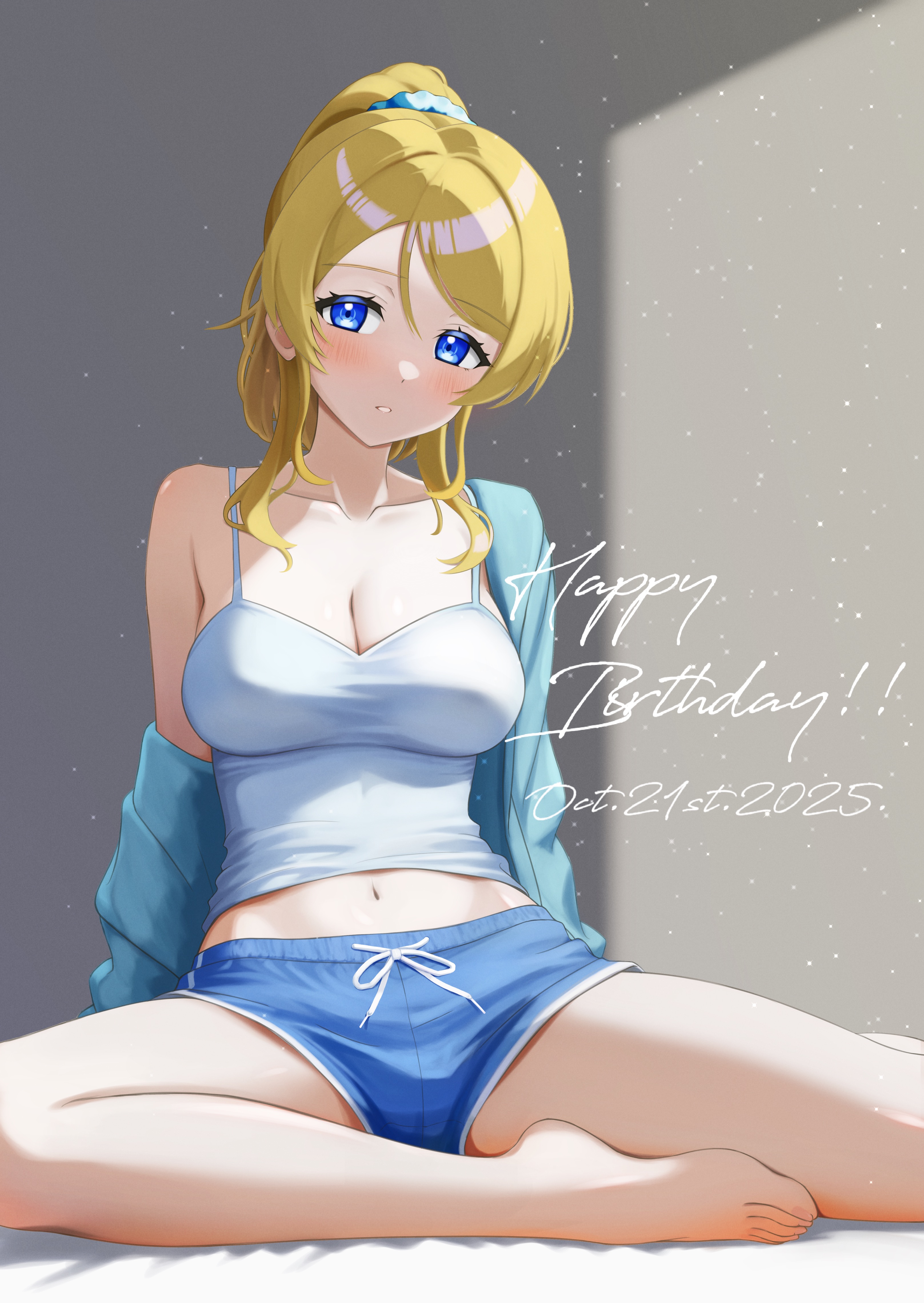 dr.doctor, ayase eli, love live!, absurdres, commentary request, highres, 1girl, :o, aqua cardigan, armpit crease, bare legs, blonde hair, blue eyes, blue shorts, blush, breasts, camisole, cardigan, cleavage, collarbone, crop top, dated, dolphin shorts, happy birthday, indoors, looking at viewer, loungewear, medium breasts, navel, ponytail, short shorts, shorts, single bare shoulder, sitting, solo, spaghetti strap, thighs, toes, white camisole