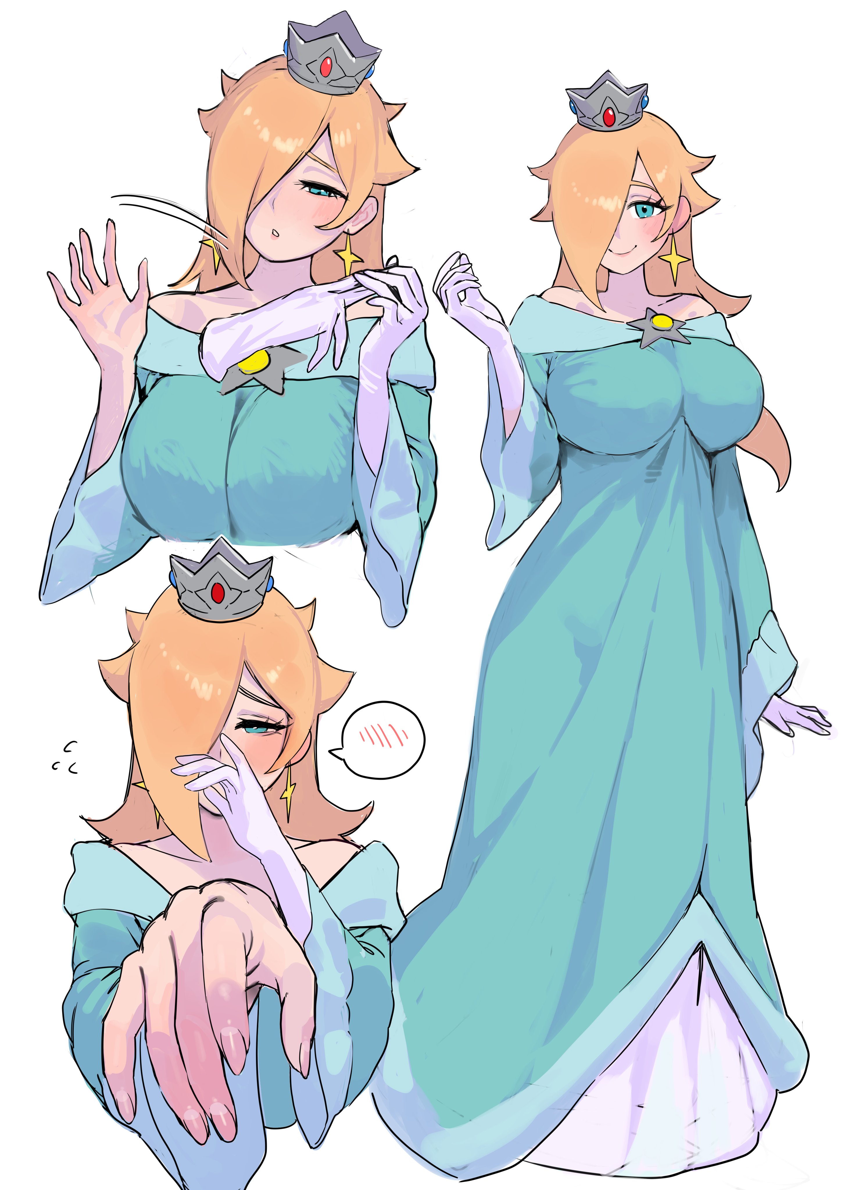 nia (nia4294), rosalina, mario (series), nintendo, super mario galaxy, absurdres, highres, 1girl, alternate breast size (larger), aqua dress, bare shoulders, blonde hair, blue eyes, blush, breasts, brooch, crown, dress, earrings, gloves, hair over one eye, holding, holding gloves, holding unworn clothes, jewelry, large breasts, long hair, long sleeves, looking at viewer, multiple views, off-shoulder dress, off shoulder, offering hand, reaching, reaching towards viewer, silver crown, smile, star (symbol), star brooch, star earrings, unworn gloves