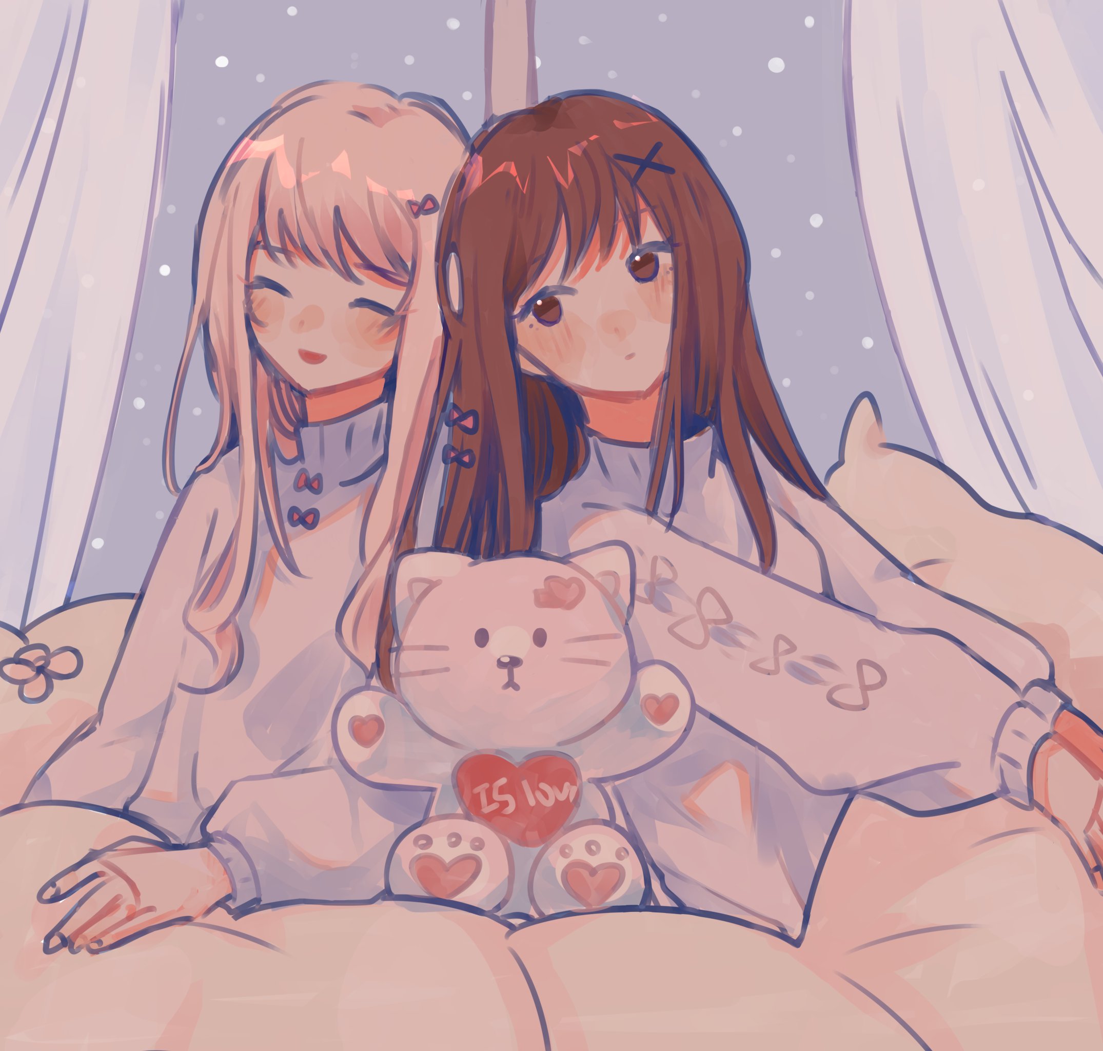 kyline, akiyama mizuki, shinonome ena, project sekai, commentary, highres, 1girl, 1other, :d, :|, ^ ^, alternate hair length, alternate hairstyle, arm at side, arm rest, bow, brown hair, closed eyes, closed mouth, curtains, english text, facing ahead, flower, hair bow, hair ornament, heads together, heart, indoors, leaning on person, light blush, long hair, long sidelocks, long sleeves, looking to the side, night, night sky, open mouth, outstretched arms, pillow, pink bow, pink flower, pink hair, pink sweater, side-by-side, sidelocks, sideways glance, sky, smile, star (sky), stuffed animal, stuffed cat, stuffed toy, sweater, swept bangs, under covers, upper body, window, x hair ornament