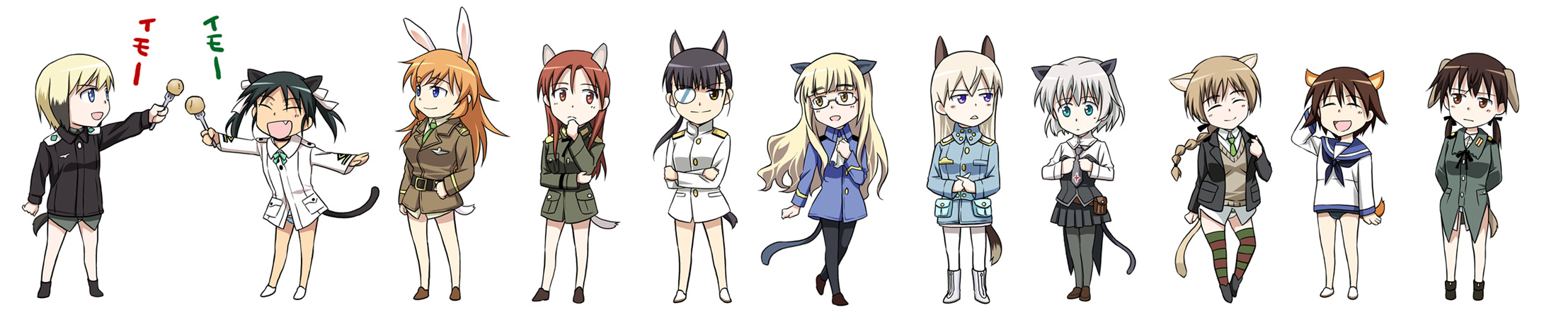 agahari, charlotte e. yeager, eila ilmatar juutilainen, erica hartmann, francesca lucchini, gertrud barkhorn, lynette bishop, minna-dietlinde wilcke, miyafuji yoshika, perrine h. clostermann, sakamoto mio, sanya v. litvyak, strike witches, world witches series, highres, long image, translated, wide image, 00s, 501st joint fighter wing, 6+girls, black pantyhose, everyone, fang, multiple girls, panties, pantyhose, underwear, white pantyhose