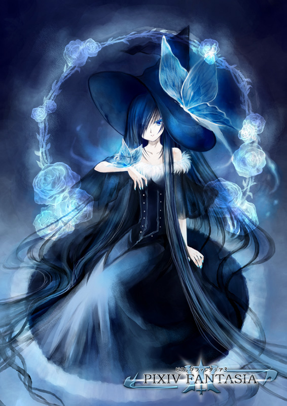 kaedena akino, miyabi akino, pixiv fantasia, pixiv fantasia 3, bad id, bad pixiv id, 1girl, bare shoulders, black hair, blue eyes, blue theme, bug, butterfly, dress, female focus, flower, gigandal federation, hat, insect, long hair, robe, rose, solo, very long hair