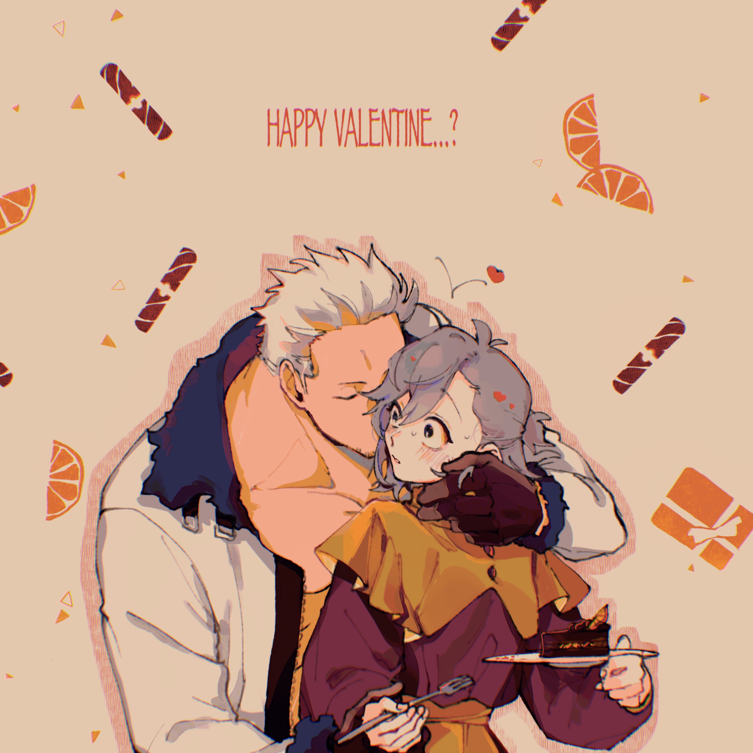 kabane (rjev8385), smoker (one piece), one piece, original, absurdres, commentary request, highres, 1boy, 1girl, asymmetrical bangs, black gloves, blush, brown background, buttons, cake, cake slice, capelet, closed eyes, couple, facial hair, food, fork, gloves, goatee stubble, grey eyes, grey hair, hair between eyes, happy valentine, heart, hetero, high-waist skirt, holding, holding fork, holding plate, jacket, kissing head, long sleeves, oc x canon, open clothes, open jacket, plate, red shirt, shirt, short hair, skirt, stubble, surprised, sweat, upper body, white hair, white jacket, yellow capelet, yellow shirt, yellow skirt