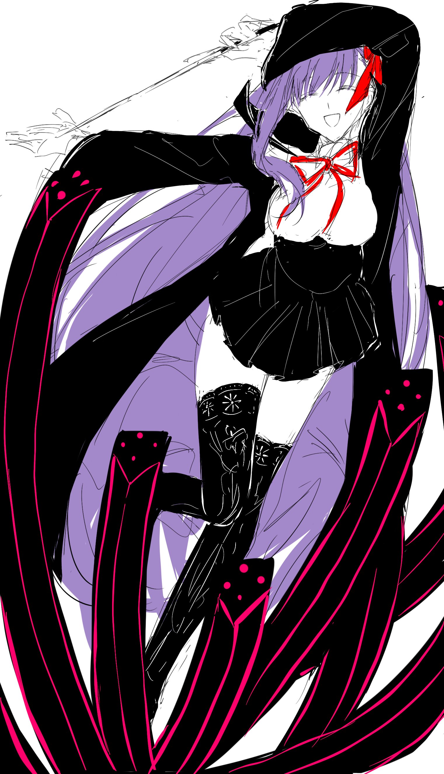 bb (fate), bb (fate/extra), fate/extra, fate/extra ccc, fate (series), absurdres, commentary, highres, symbol-only commentary, 1girl, :d, ^ ^, absurdly long hair, arm above head, arms up, black boots, black jacket, black skirt, boots, breasts, closed eyes, facing viewer, full body, hair ribbon, hakaba garden, high-waist skirt, jacket, knees together feet apart, lace trim, large breasts, long hair, long sleeves, miniskirt, neck ribbon, open clothes, open jacket, open mouth, pleated skirt, purple hair, red ribbon, ribbon, simple background, sketch, skirt, smile, solo, thigh boots, thighhighs, underbust, very long hair, white background, zettai ryouiki