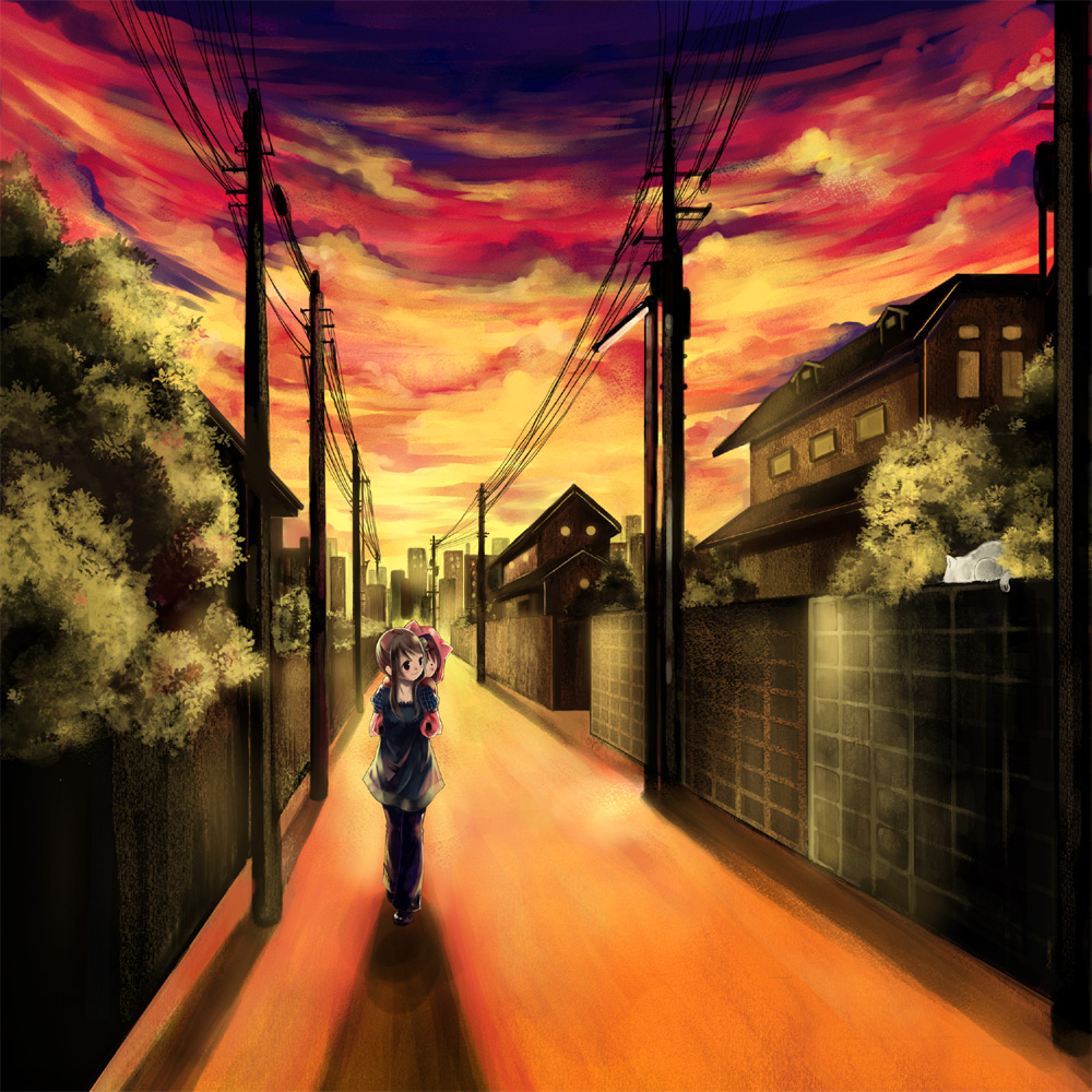 kaedena akino, miyabi akino, original, bad id, bad pixiv id, 2girls, brown hair, carrying, cat, city, dress, evening, house, lamppost, long hair, multiple girls, night, piggyback, pole, power lines, scenery, sky, sunset, walking