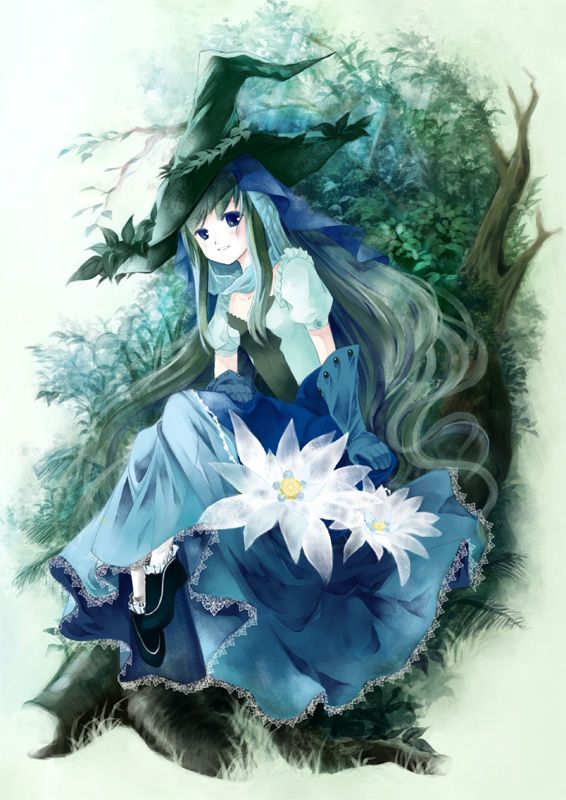 kaedena akino, miyabi akino, original, bad id, bad pixiv id, 1girl, blue eyes, dress, female focus, flower, gloves, green hair, hat, long hair, solo, tree, very long hair, witch hat