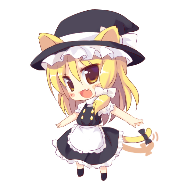 meito (maze), kirisame marisa, touhou, 1girl, animal ears, blonde hair, bow, braid, cat ears, cat girl, cat tail, chibi, ears through headwear, female focus, full body, hat, kemonomimi mode, outstretched arms, short hair, side braid, solo, spread arms, standing, tail, tail bow, tail ornament, tail wagging, witch, witch hat, yellow eyes