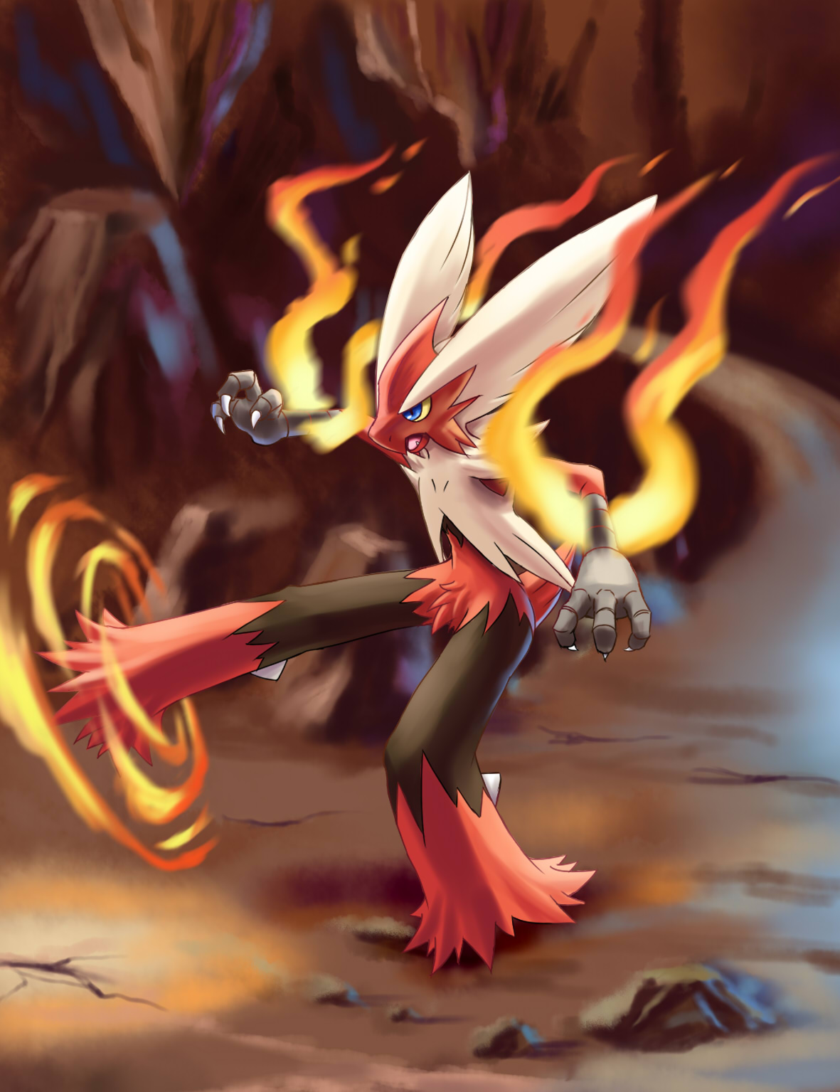 hooh lin, blaziken, mega blaziken, nintendo, pokemon, commentary request, highres, blue eyes, claws, colored sclera, fire, full body, gen 3 pokemon, kicking, mega pokemon, open mouth, pokemon (creature), pokemon focus, solo, yellow sclera
