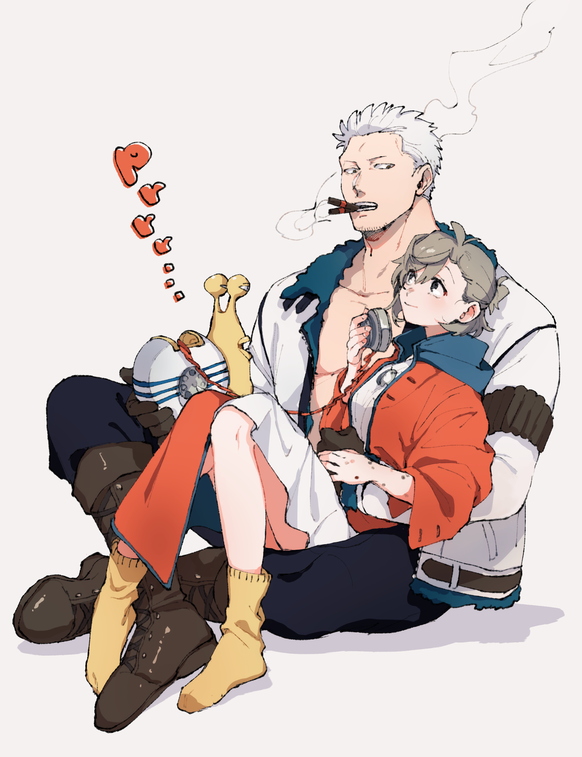 kabane (rjev8385), smoker (one piece), one piece, original, absurdres, character request, commentary request, highres, 1boy, 1girl, antenna hair, black gloves, boots, brown boots, chain smoking, cigar, closed mouth, collarbone, couple, dress, facial hair, full body, fur-trimmed jacket, fur trim, gloves, goatee stubble, grey hair, hetero, holding, hood, hood down, hooded jacket, indian style, jacket, jewelry, jitome, lace-up boots, long sleeves, looking at another, mouth hold, necklace, no shirt, no shoes, oc x canon, open clothes, open jacket, ponytail, red jacket, short hair, short ponytail, sitting, sitting on lap, sitting on person, smile, smoke, smoke trail, smoking, snail, socks, stubble, white background, white dress, white hair, white jacket, yellow socks