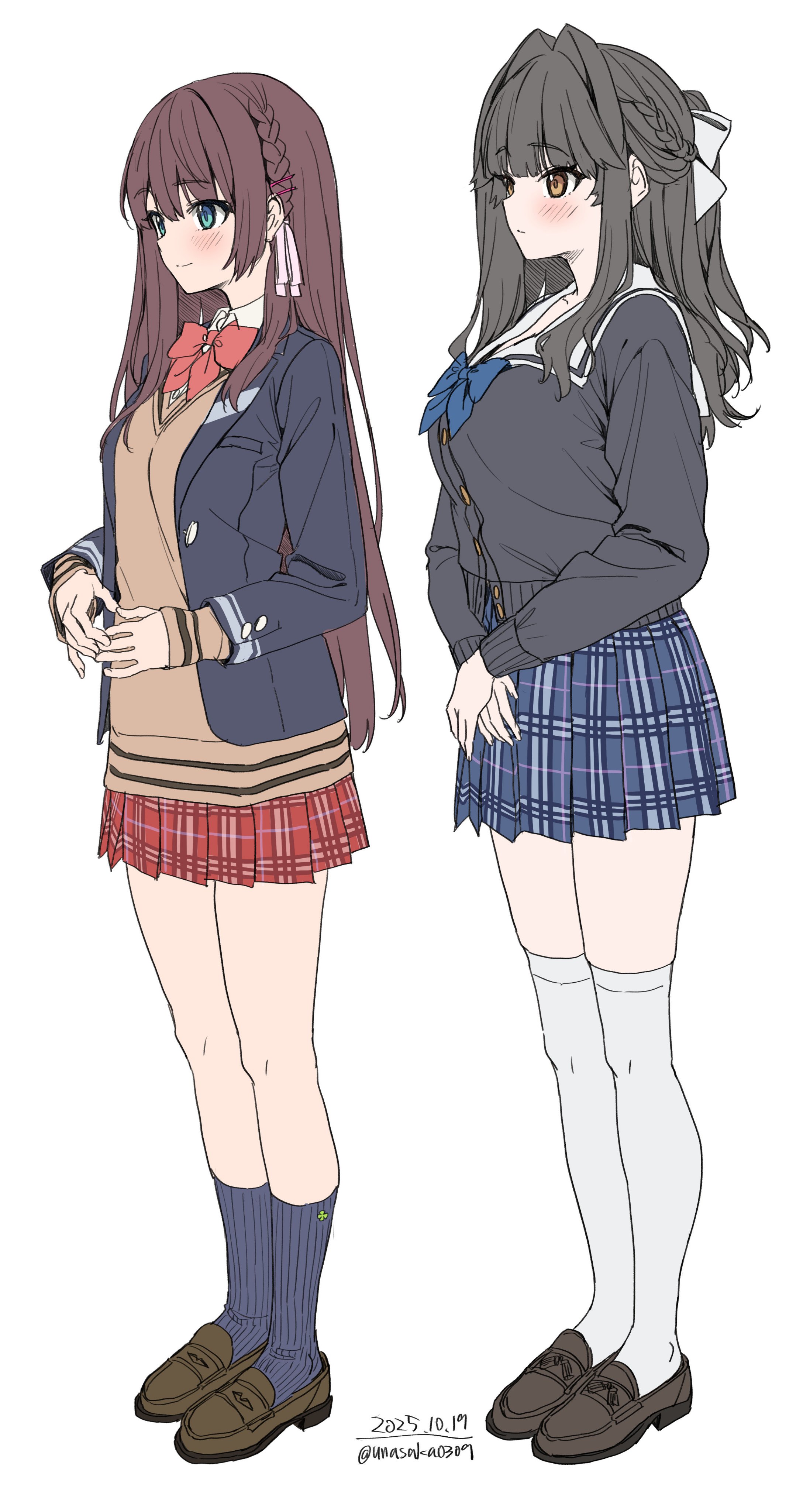 unasaka ryou, original, absurdres, highres, 2girls, black cardigan, blazer, blue bow, blue eyes, blue jacket, blue skirt, blue socks, blush, bow, braid, breasts, brown eyes, brown hair, brown sweater, cardigan, closed mouth, full body, grey hair, hair bow, hair ornament, hairclip, jacket, long hair, long sleeves, medium breasts, multiple girls, open clothes, open jacket, plaid clothes, plaid skirt, pleated skirt, red bow, red skirt, ribbed socks, school uniform, shirt, shoes, simple background, skirt, smile, socks, sweater, thighhighs, white background, white bow, white shirt, white thighhighs, zettai ryouiki