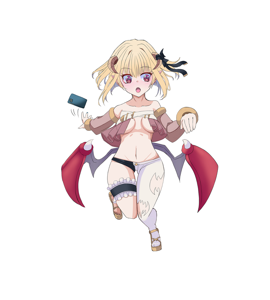 nagifujisawa, succubus (ragnarok online), ragnarok online, commentary request, 1girl, :o, asymmetrical clothes, blonde hair, blush, breast curtains, breasts, brown horns, brown sandals, brown sleeves, cellphone, demon girl, demon horns, demon wings, detached sleeves, frilled thigh strap, full body, horns, looking afar, low wings, medium breasts, navel, open mouth, pants, phone, pointy ears, red eyes, red wings, sandals, short hair, simple background, single pantsleg, smartphone, solo, standing, standing on one leg, thigh strap, white background, white pants, wings